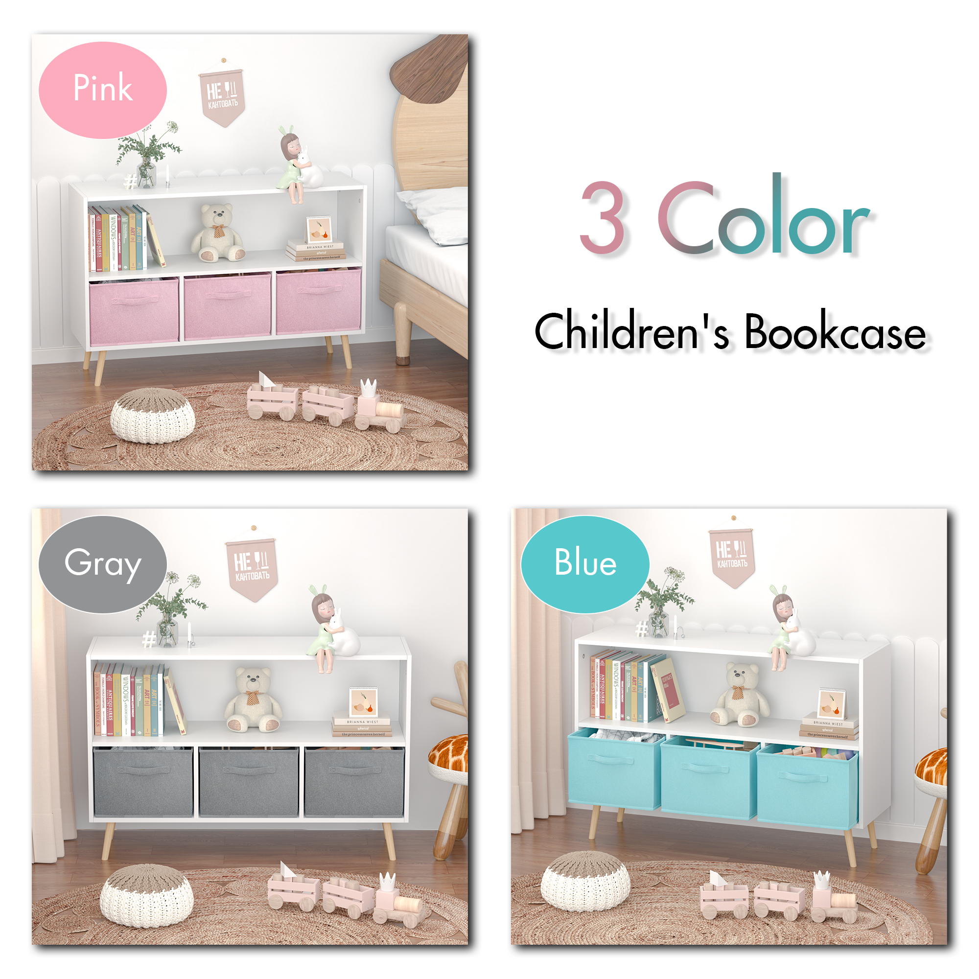 Modern Kids Bookcase with Collapsible Fabric Drawers, Children's Book Display & Toy Storage, White/Pink MDF & Pine Legs | Pre