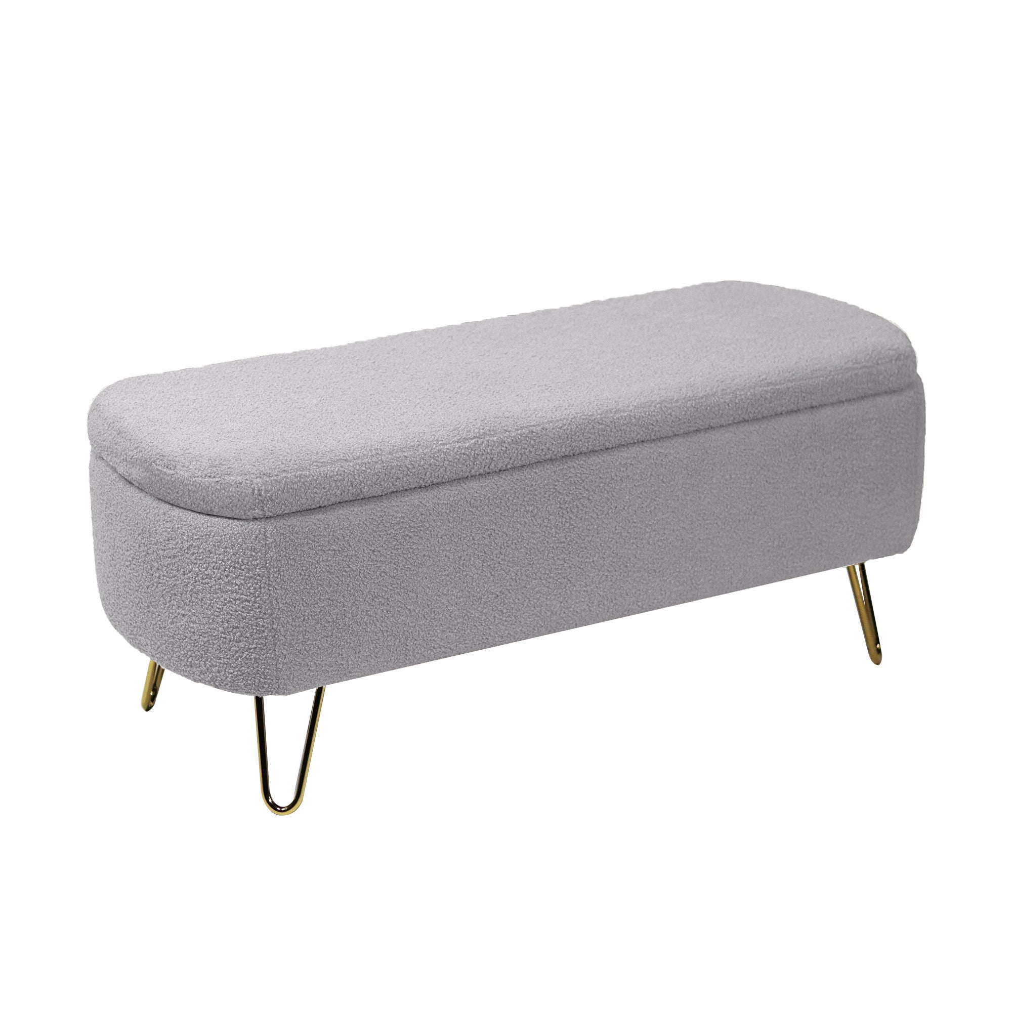 Grey Storage Ottoman Bench for End of Bed Gold Legs, Modern Grey Faux Fur Entryway Bench Upholstered Padded with Storage for Living Room Bedroom - Grand Goldman Shop