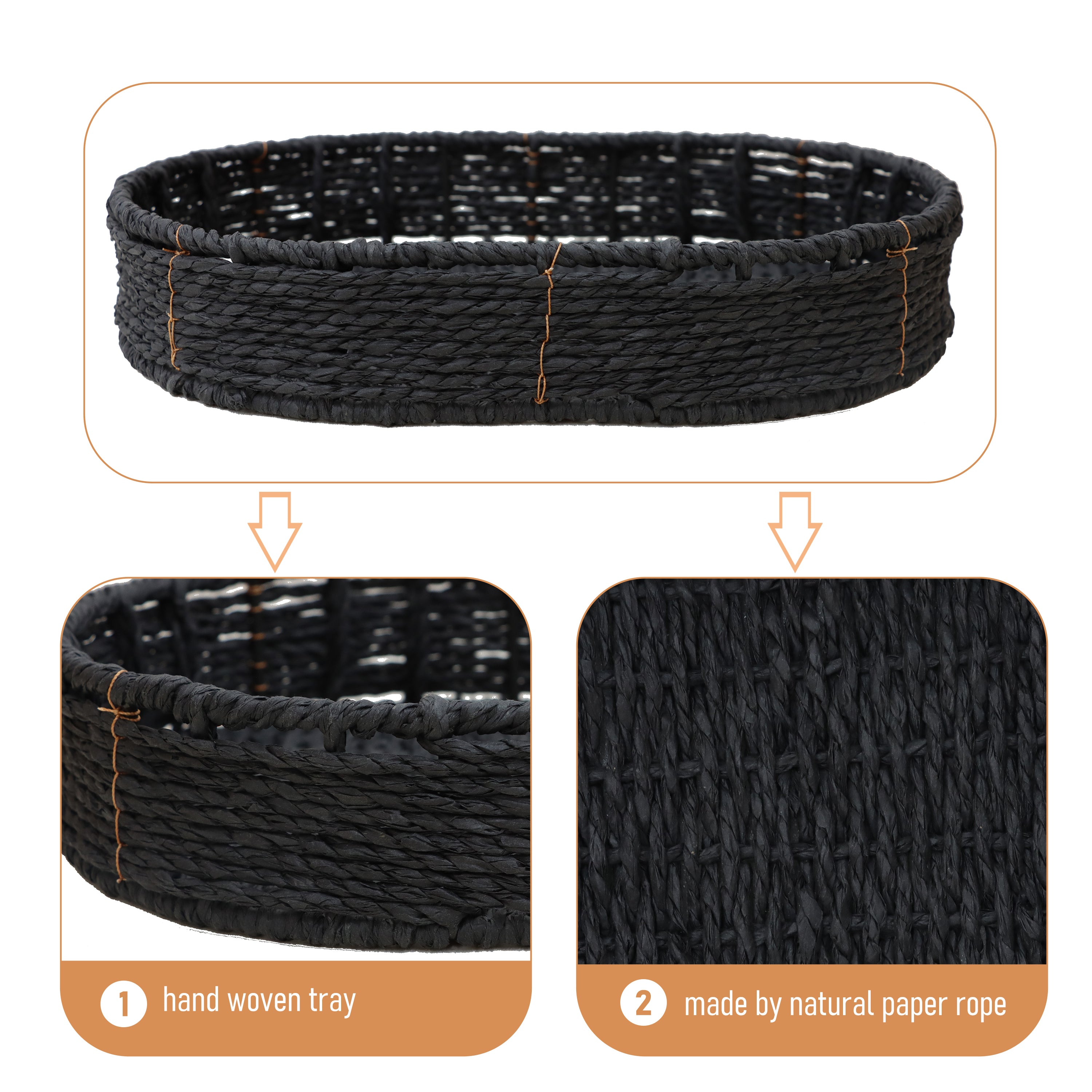 Modern 3-Tier Handwoven Side Table with Oval Organizer in Black Metal and Paper Rope - Grand Goldman Shop