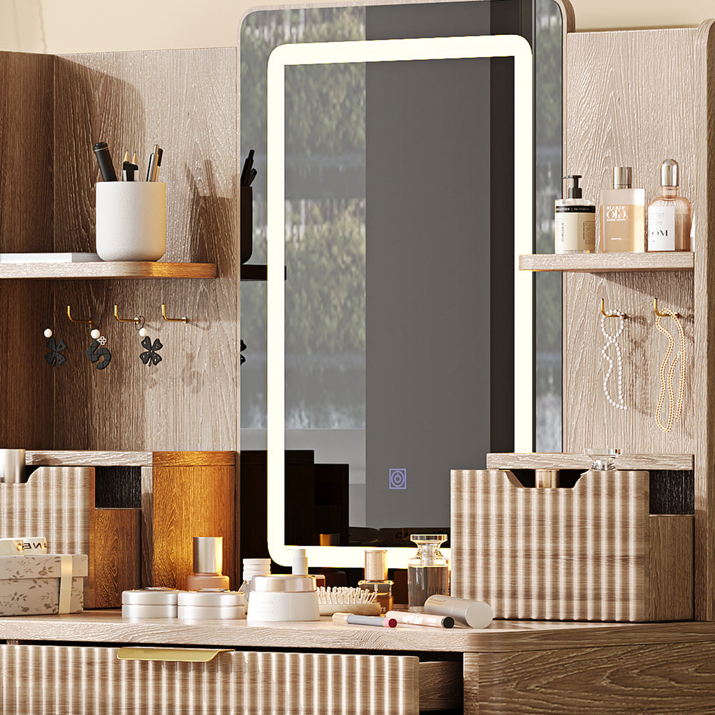 7-Drawer Vanity Desk with LED Mirror & Carved Details, Fluted Makeup Table with Metal Legs and PU Stool, Carved Dressing Table with Jewelry Storage for Bedroom - Grand Goldman Shop