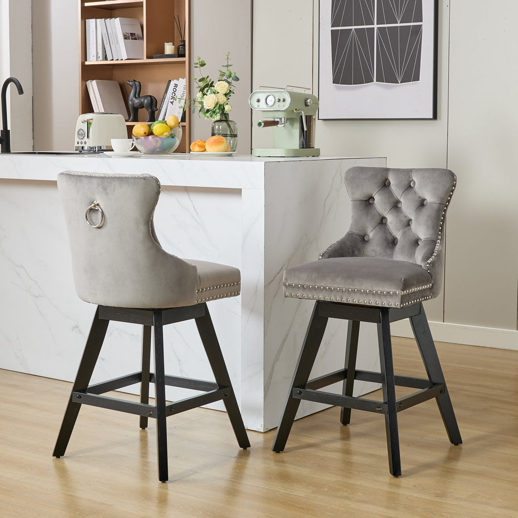 Swivel Velvet Barstools with Button Tufted Decoration and Wooden Legs, and Chrome Nailhead Trim, Leisure Style Bar Chairs,Bar stools, Set of 2 (Gray),SW1860GY - Grand Goldman Shop