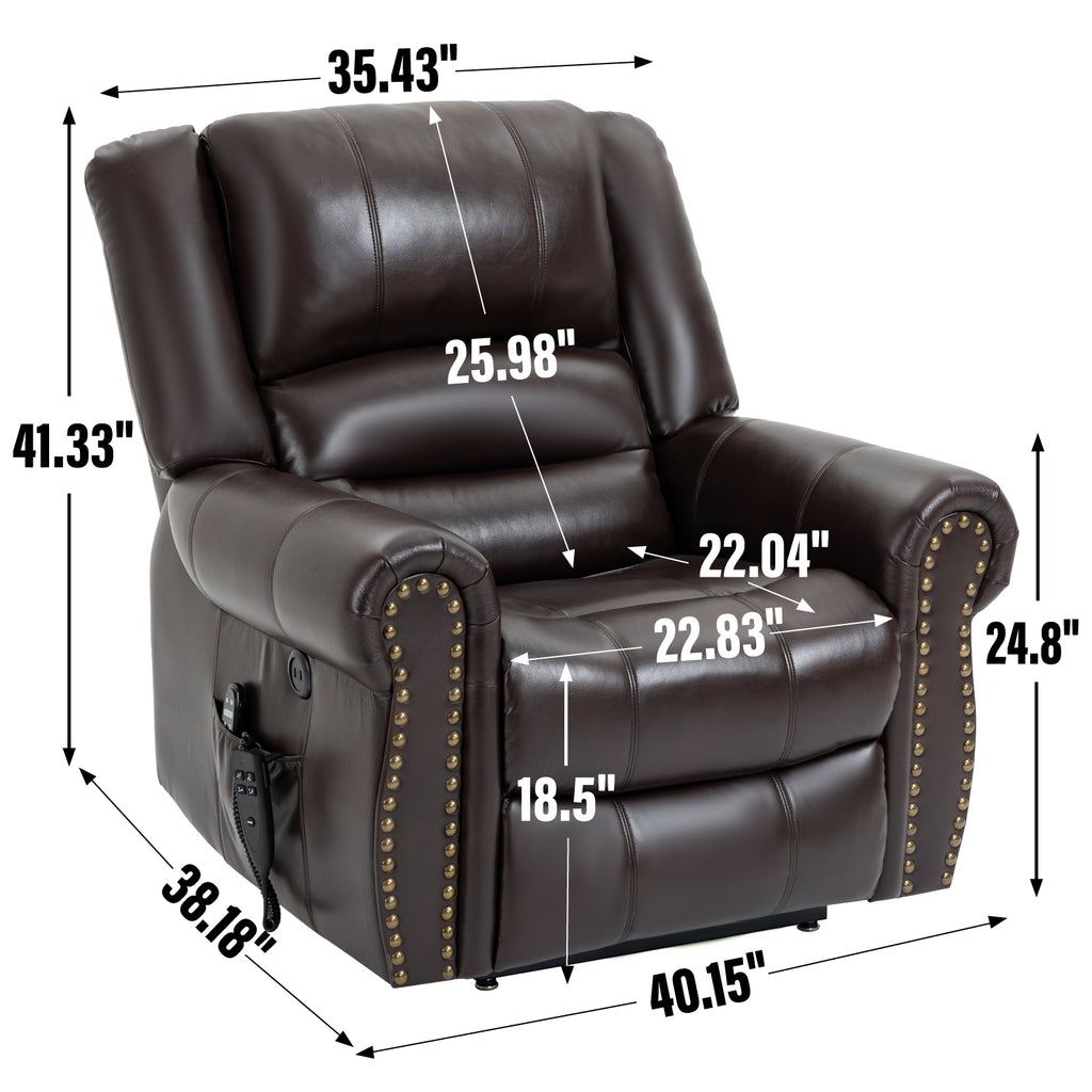 Power Lift Recliner Chair Heat Massage Dual Motor Infinite Position Up to 350 LBS, Faux Leather, Heavy Duty Motion Mechanism with USB Ports, Brown - Grand Goldman Shop