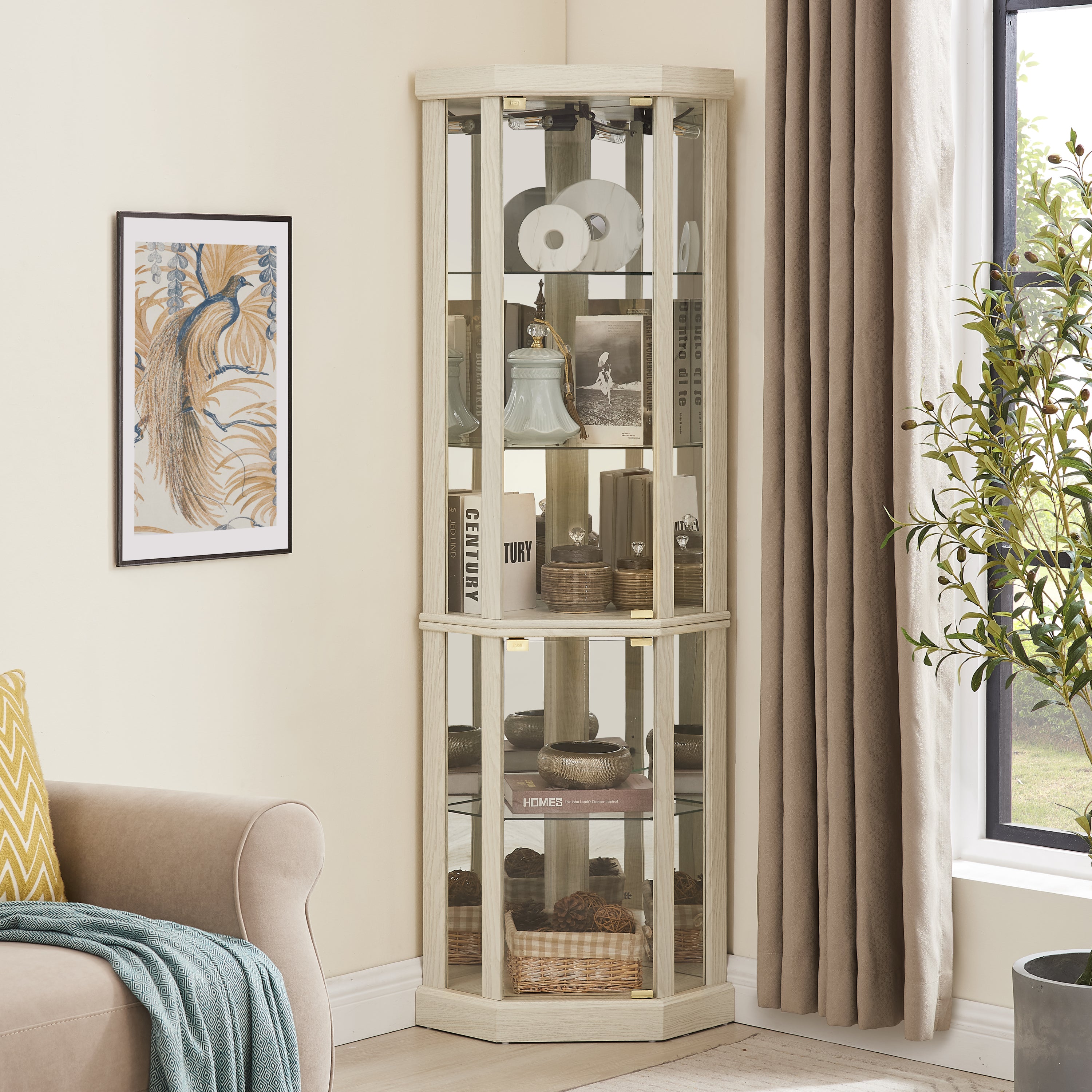 Corner Lighted Curio Cabinet Corner Glass Cabinet Lighted Curio Cabinet Corner Display Case for Living Room, Curio Cabinet, Antique collection, Wine,Bar Glass Storage Light Included,Antique White - Grand Goldman Shop
