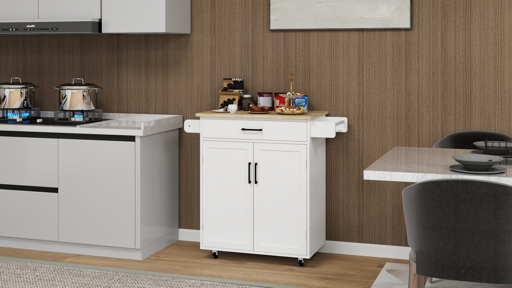 Kitchen island rolling trolley cart with 1 drawer & 2 doors with storage racks & Adjustable Shelves & towel rack & seasoning rack rubber wood table top-White - Grand Goldman Shop