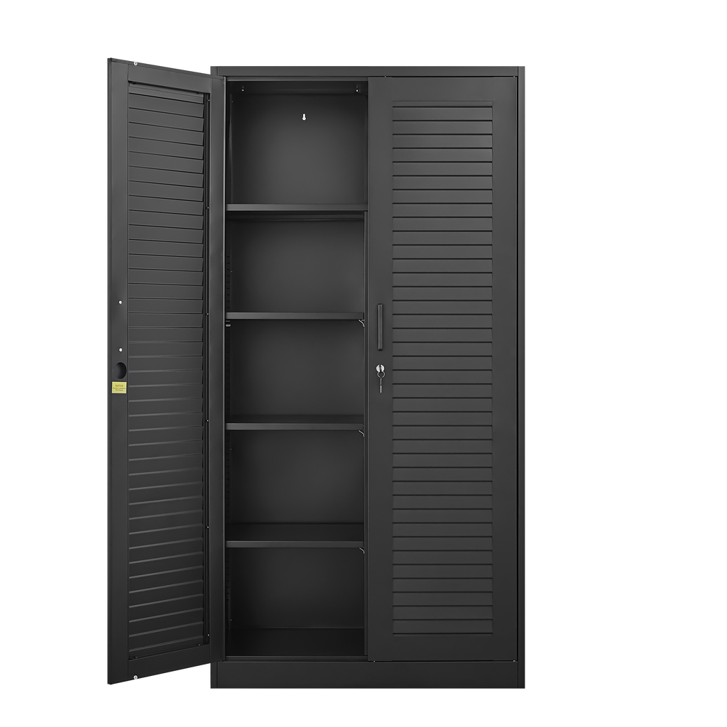 Wide & Deep Metal Storage Cabinet with Hanging Rod,Black Broom Closet Storage Cabinet with Lock, Tall Wardrobe Cabinets with 