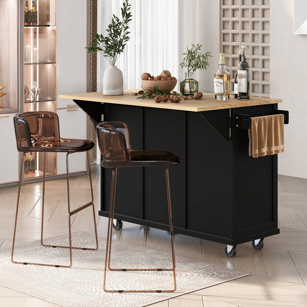 Kitchen Cart with Rubber wood Drop-Leaf Countertop ,Cabinet door internal storage racks,Kitchen Island on 5 Wheels with Storage Cabinet and 3 Drawers for Dinning Room, Black - Grand Goldman Shop