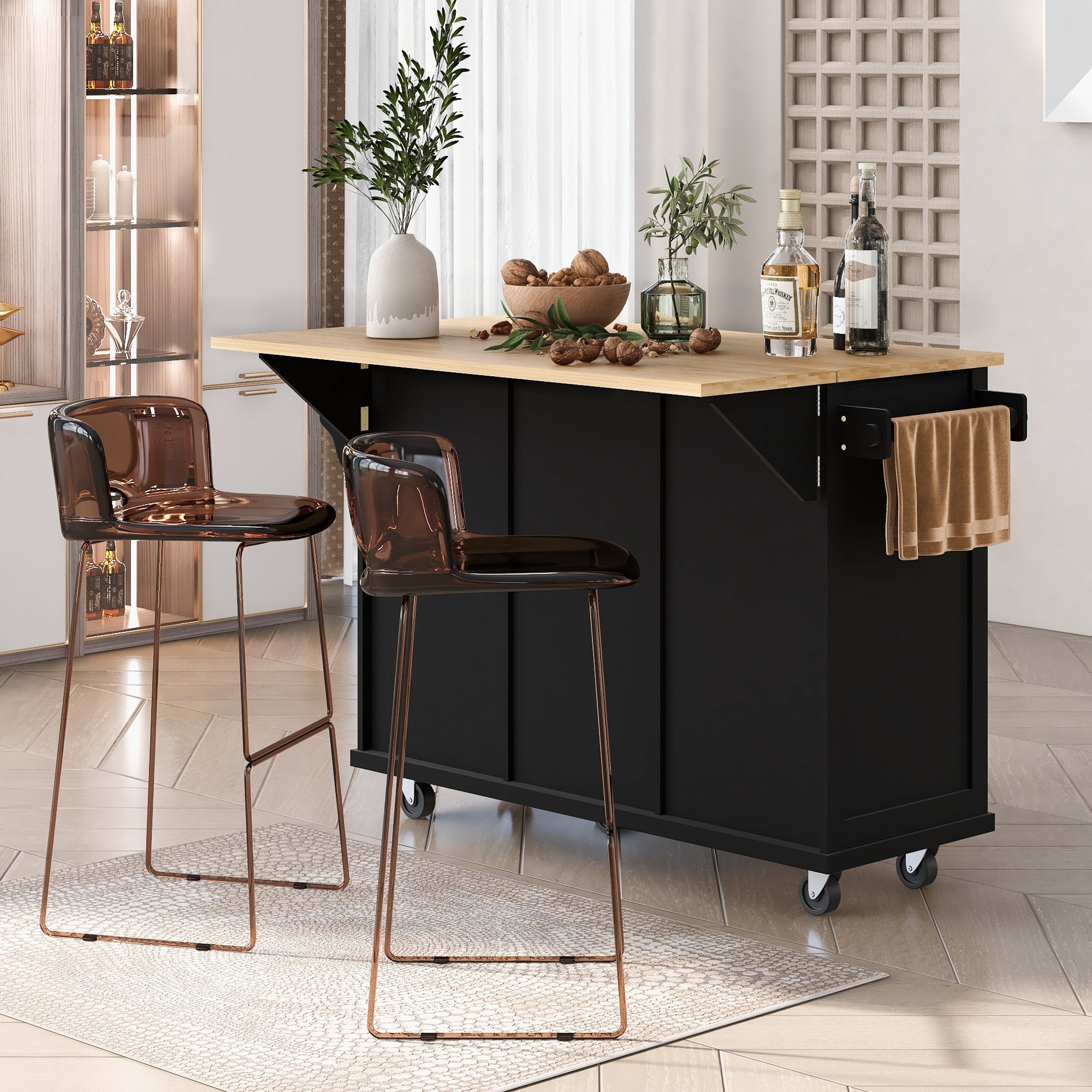 Kitchen Cart with Rubber wood Drop-Leaf Countertop ,Cabinet door internal storage racks,Kitchen Island on 5 Wheels with Storage Cabinet and 3 Drawers for Dinning Room, Black - Grand Goldman Shop