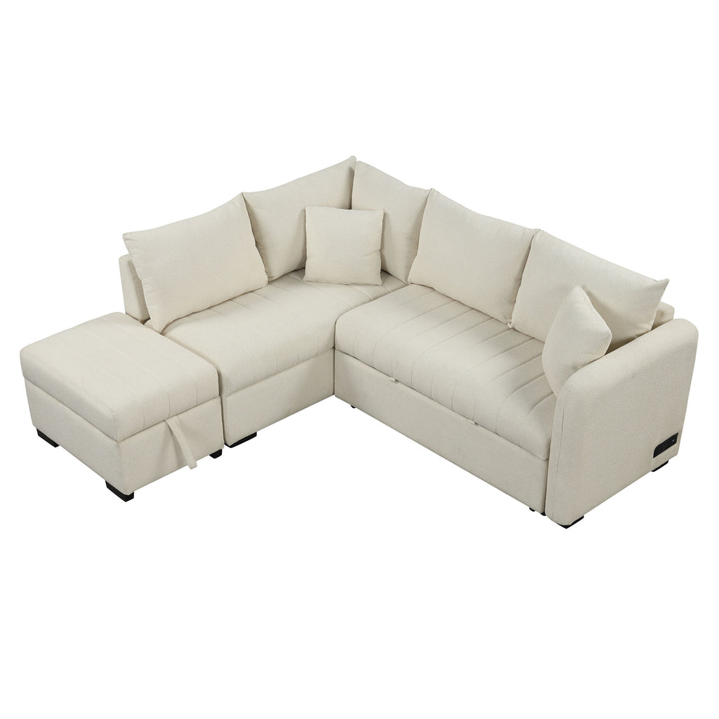 Modern L-shaped Sectional Pull Out Sofa Bed with USB Ports and Storage Ottoman, Beige, Jacquard Fabric, 82.6' - Grand Goldman Shop