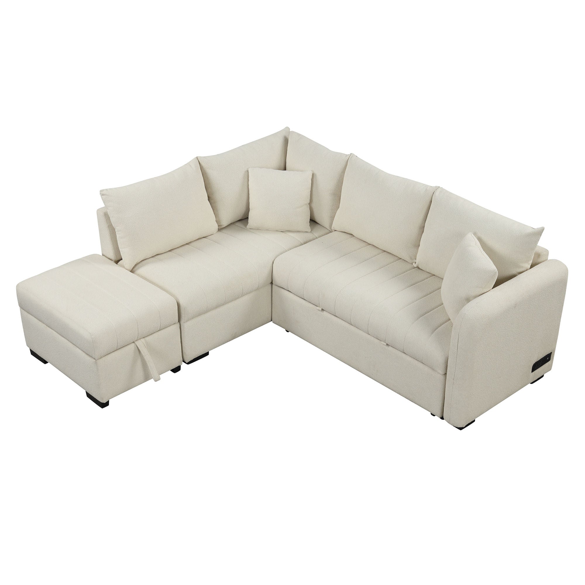 Modern L-shaped Sectional Pull Out Sofa Bed with USB Ports and Storage Ottoman, Beige, Jacquard Fabric, 82.6' - Grand Goldman Shop