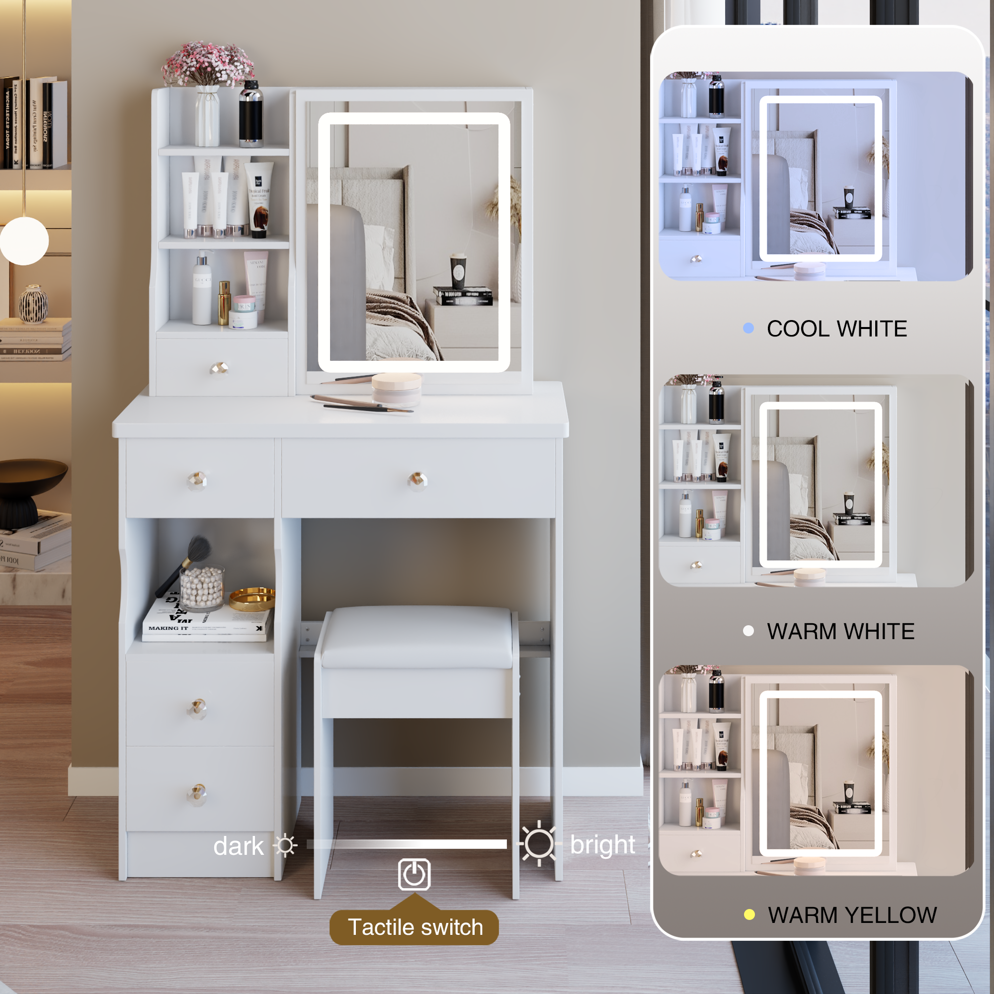 29.2' Small Size Left Drawer Desktop Vanity Table + Cushioned Stool, Large Sliding, Touch Control, Tri-color Switching, Brightness Adjust LED Mirror, High Capacity Storage, Suitable for Small Space - Grand Goldman Shop