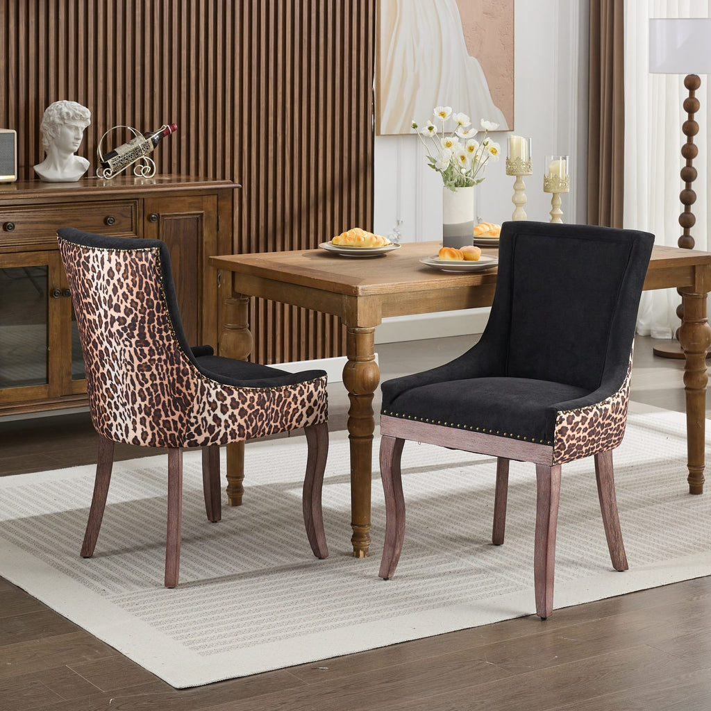 A&A Furniture,Ultra Side Dining Chair, Thickened fabric chairs with neutrally toned solid wood legs, Bronze nail head, Set of 2,Leopard Print - Grand Goldman Shop