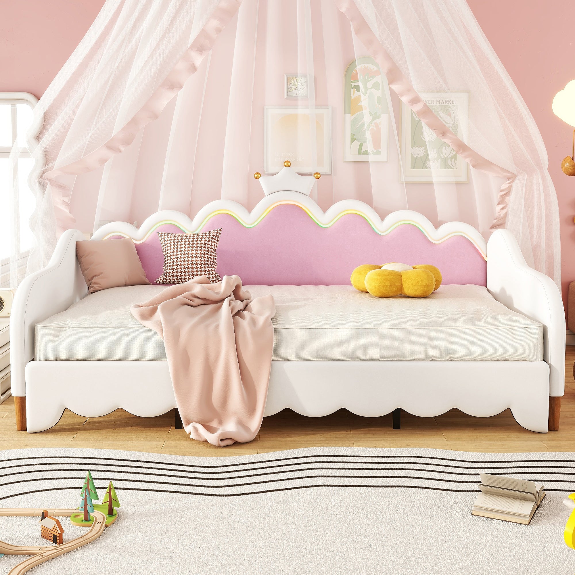 Twin Extending Daybed with LED Lights, Modern Upholstered Princess Daybed With Crown Headboard,White - Grand Goldman Shop