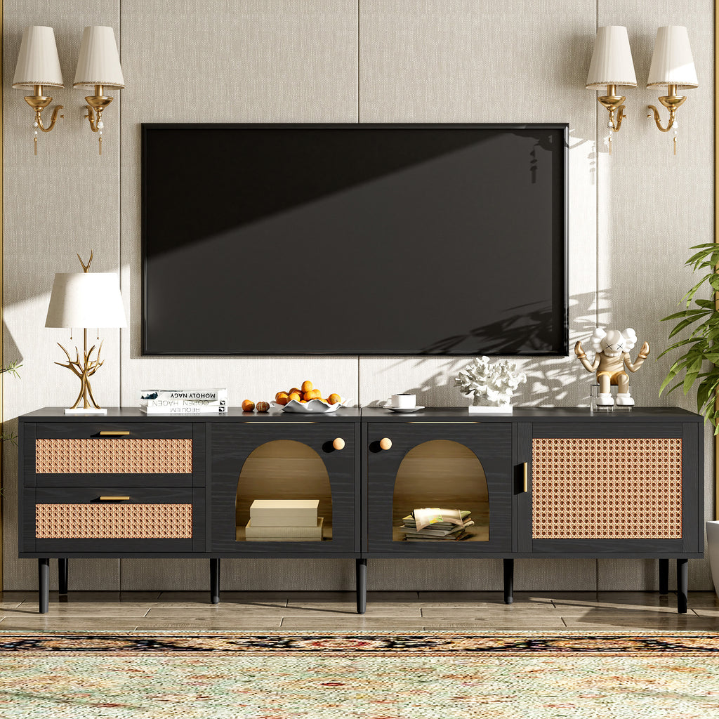 Black Rattan-inspired TV Stand with 3 Cabinets & 2 Drawers, MDF and Solid Wood Media Console for TVs up to 80'', Modern Living Room Entertainment Center - Grand Goldman Shop