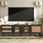 Black Rattan-inspired TV Stand with 3 Cabinets & 2 Drawers, MDF and Solid Wood Media Console for TVs up to 80'', Modern Living Room Entertainment Center - Grand Goldman Shop
