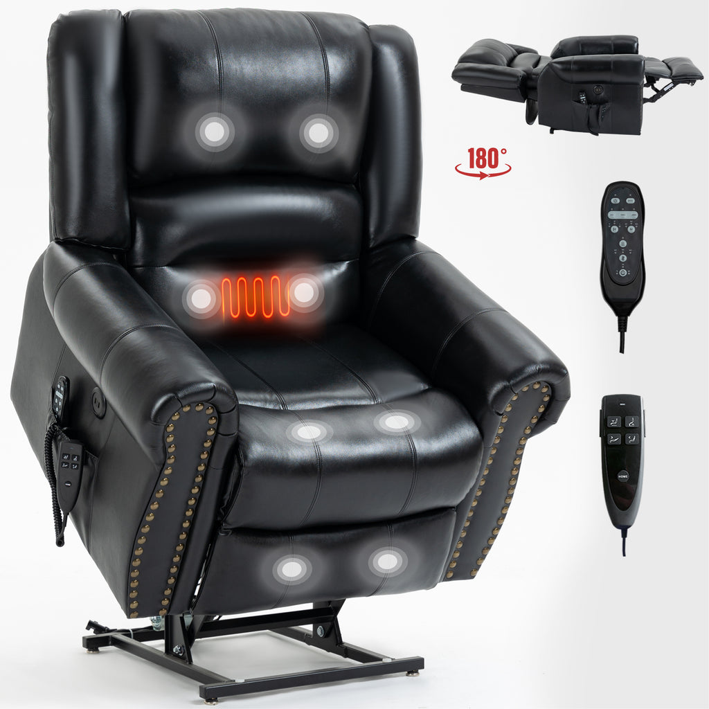 Power Lift Recliner Chair Heat Massage Dual Motor Infinite Position Up to 350 LBS, Genuine Leather, Heavy Duty Motion Mechanism with USB Ports, Black - Grand Goldman Shop