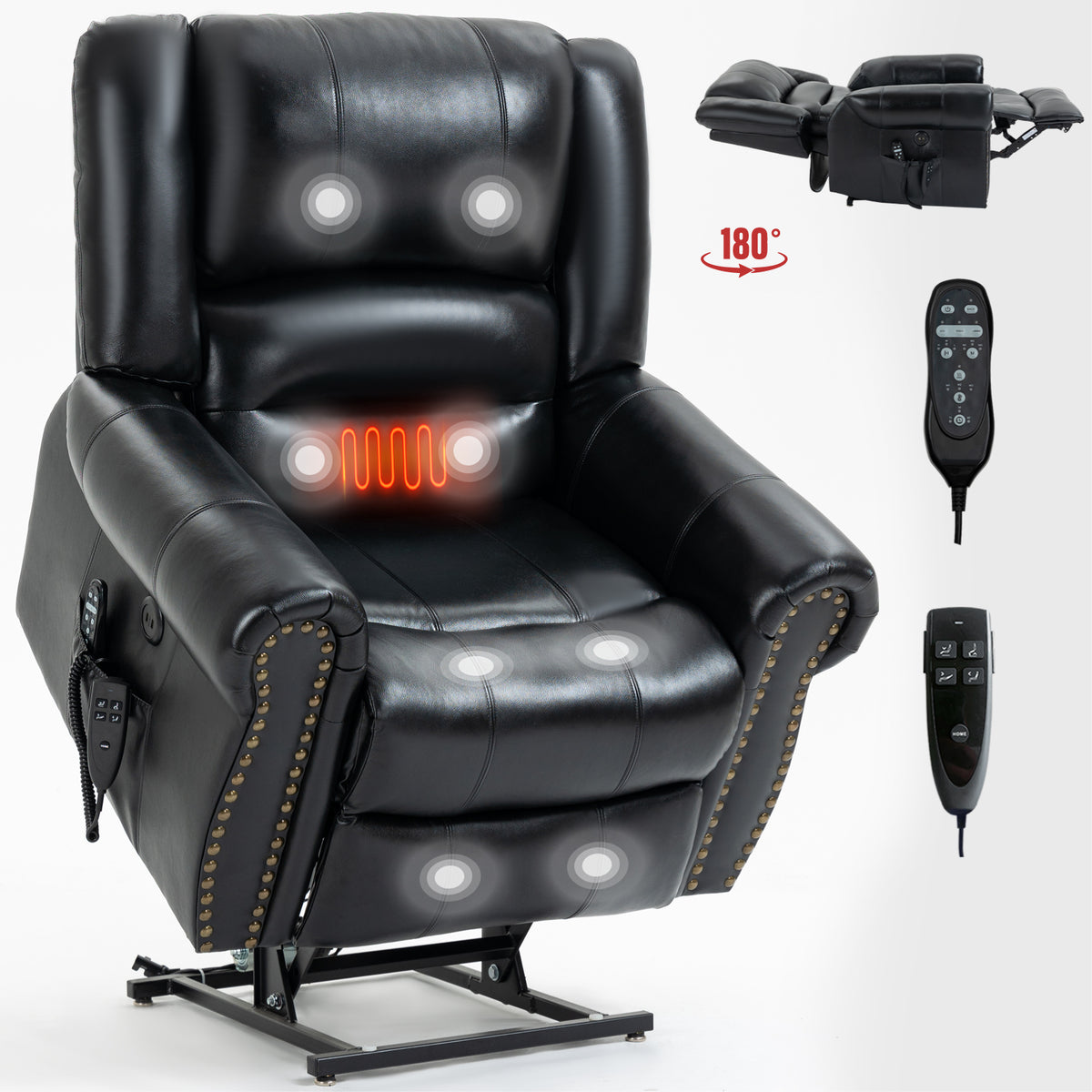 Power Lift Recliner Chair Heat Massage Dual Motor Infinite Position Up to 350 LBS, Genuine Leather, Heavy Duty Motion Mechanism with USB Ports, Black - Grand Goldman Shop