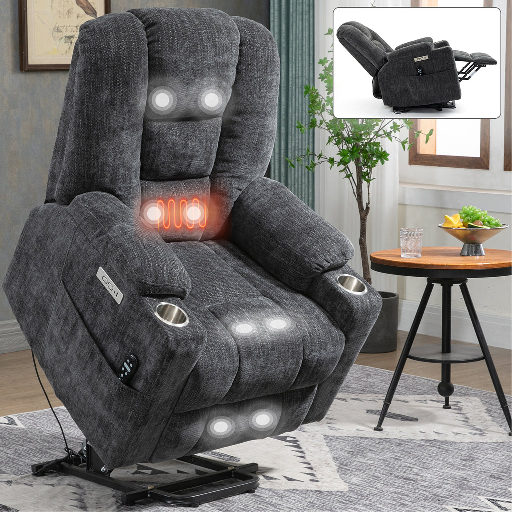EMON'S Large Power Lift Recliner Chair with Massage and Heat for Elderly, Overstuffed Wide Recliners, Heavy Duty Motion Mechanism with USB and Type C Ports, 2 Steel Cup Holders, Gray - Grand Goldman Shop