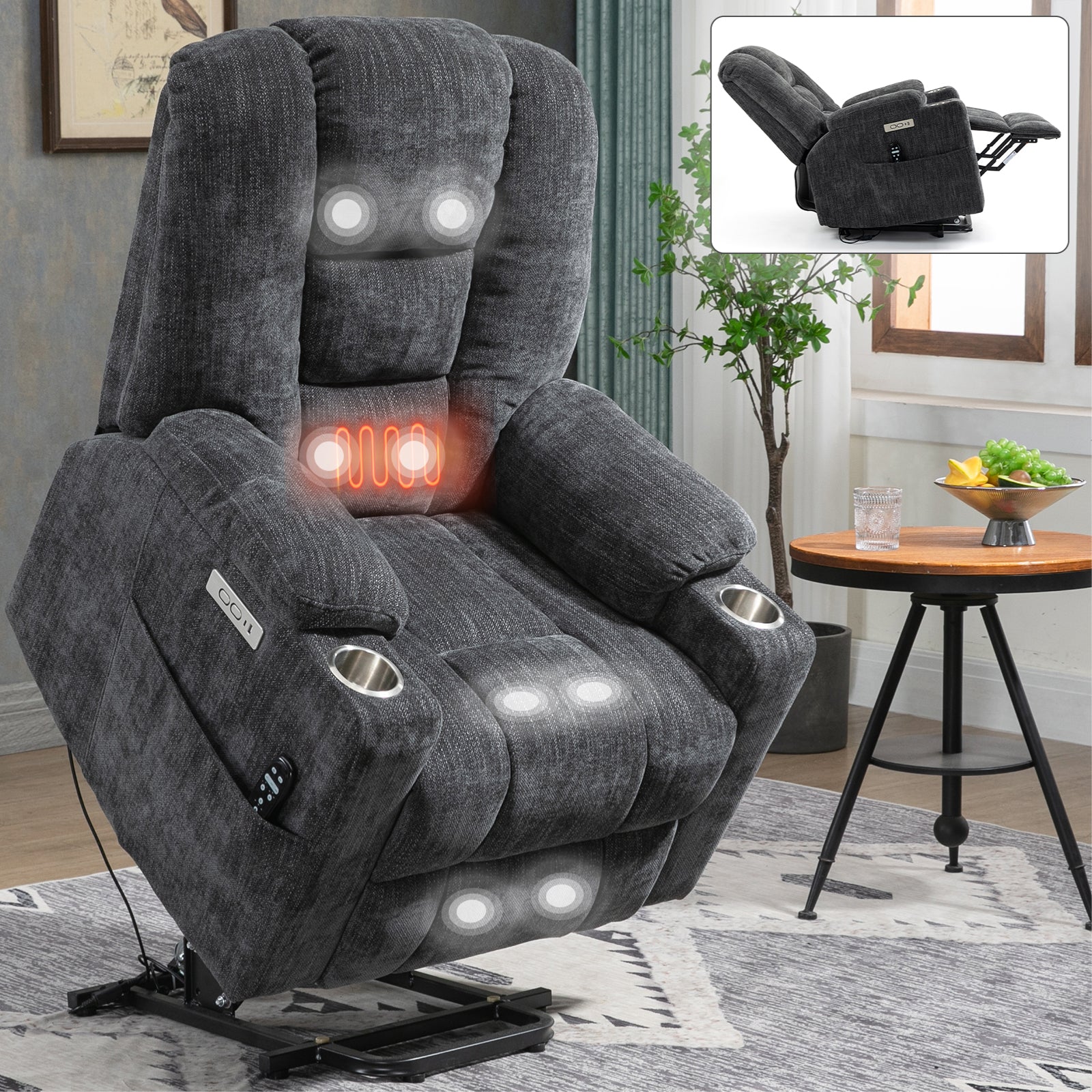 EMON'S Large Power Lift Recliner Chair with Massage and Heat for Elderly, Overstuffed Wide Recliners, Heavy Duty Motion Mechanism with USB and Type C Ports, 2 Steel Cup Holders, Gray - Grand Goldman Shop