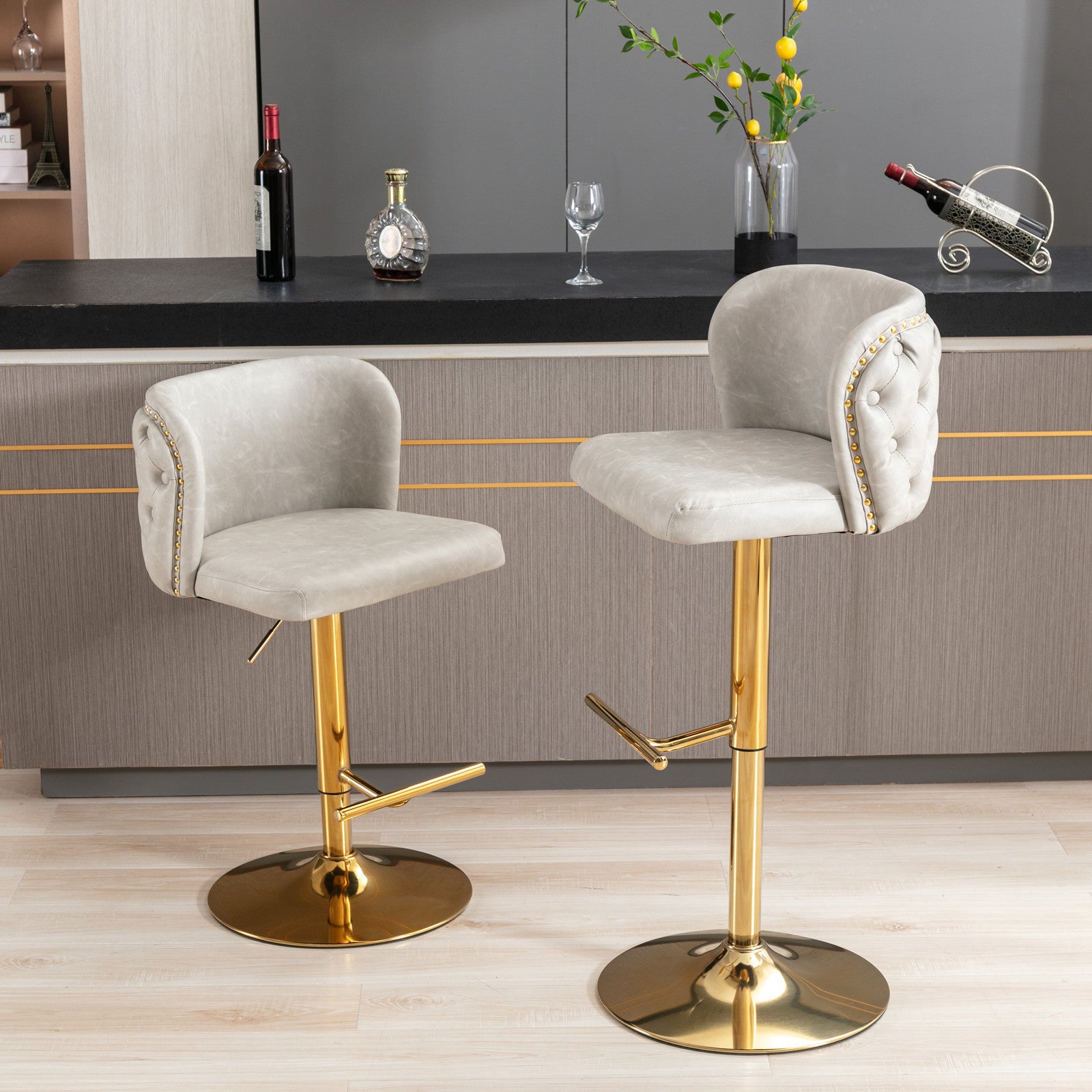 A&A Furniture,Swivel Barstools Adjusatble Seat Height, Modern PU Upholstered Bar Stools with  the whole Back Tufted, for Home Pub and Kitchen Island（Beige, Set of 2） - Grand Goldman Shop
