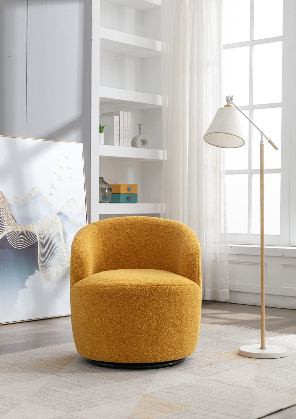 Teddy Fabric Swivel Accent Armchair Barrel Chair With Black Powder Coating Metal Ring,Yellow - Grand Goldman Shop