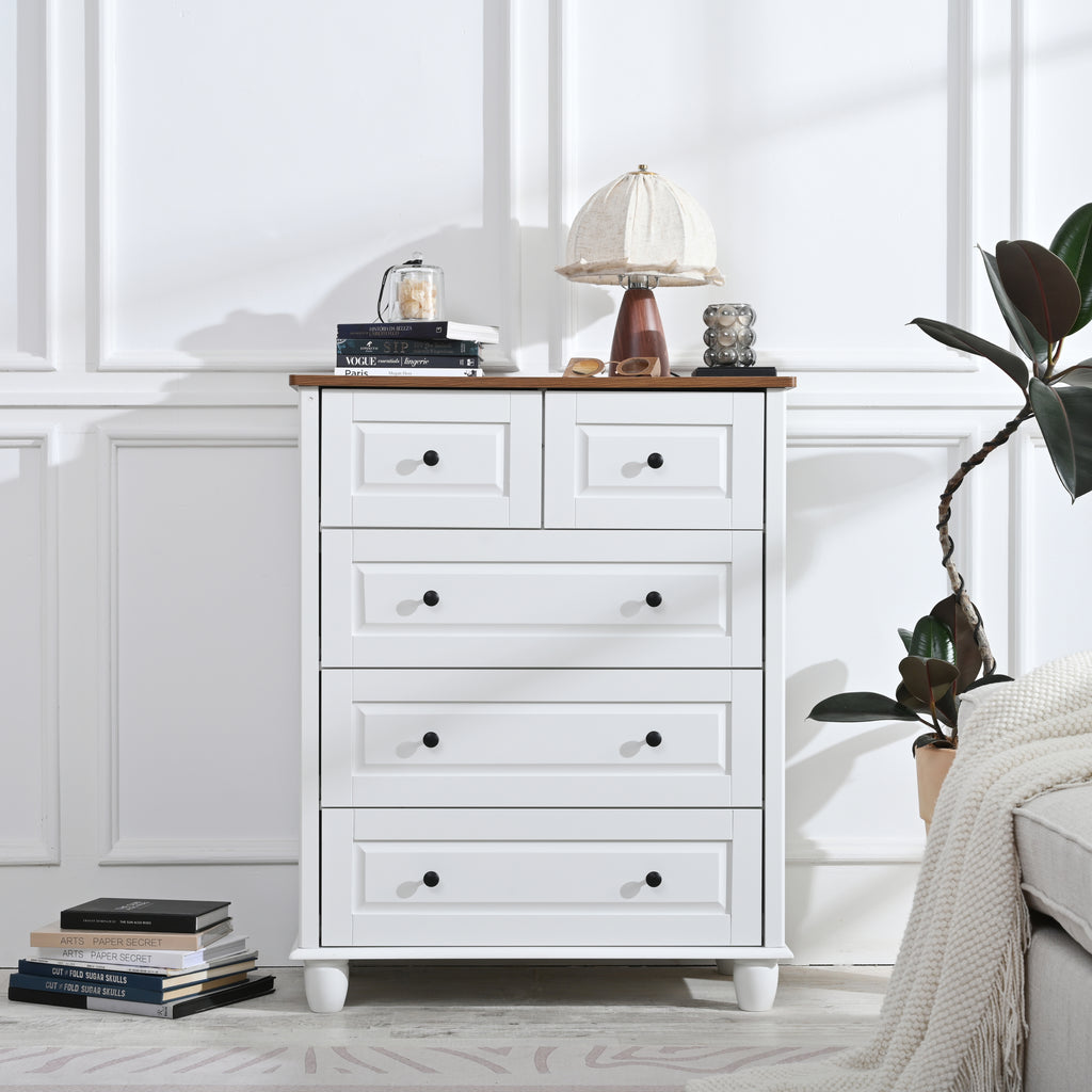White Dresser with 5 Drawers, Tall Chest of Drawers, 5 Drawer Dresser with Deep Space, Wood Storage Cabinet for Living Room, Hallway, Office, White - Grand Goldman Shop