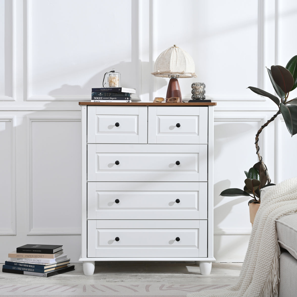 White Dresser with 5 Drawers, Tall Chest of Drawers, 5 Drawer Dresser with Deep Space, Wood Storage Cabinet for Living Room, Hallway, Office, White - Grand Goldman Shop