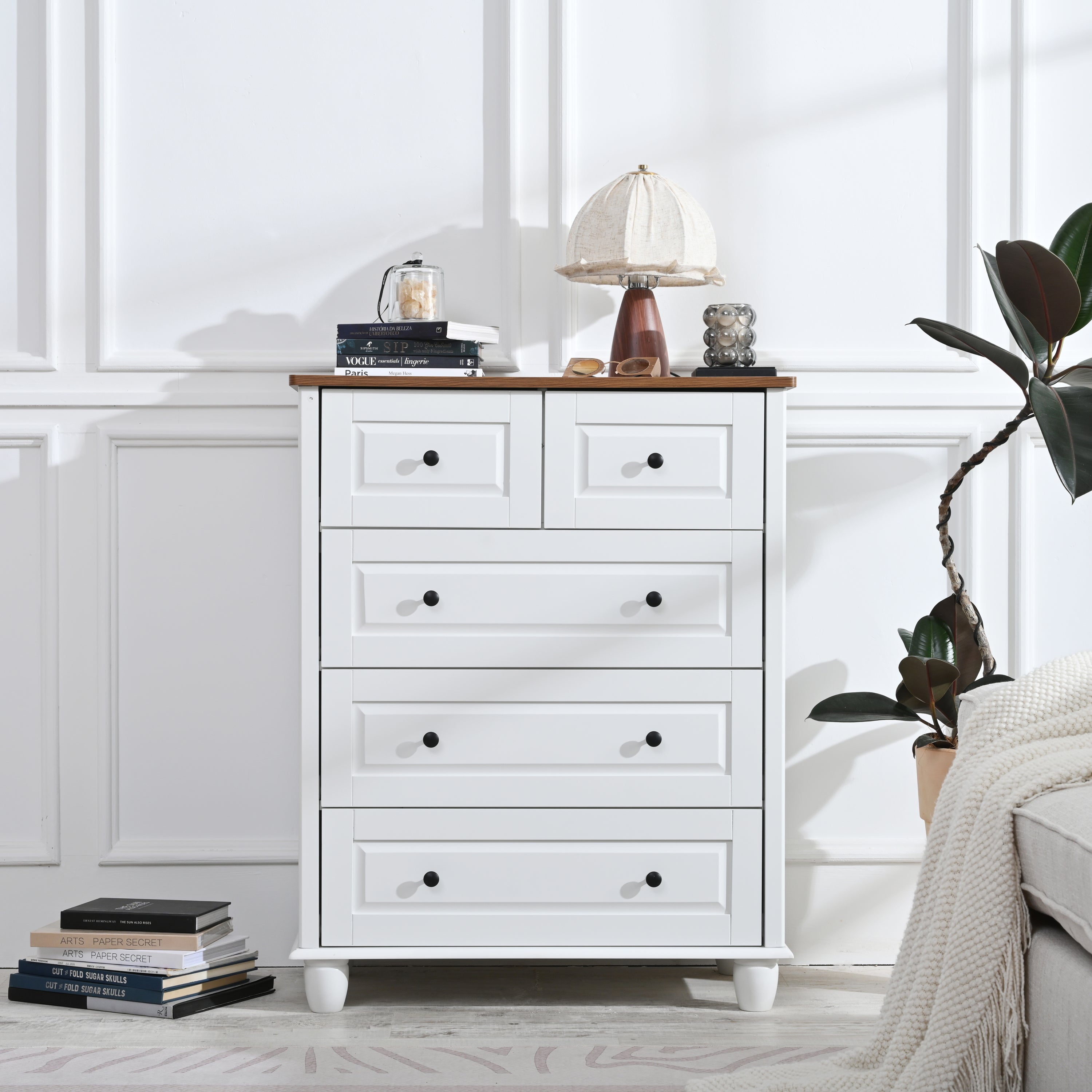 White Dresser with 5 Drawers, Tall Chest of Drawers, 5 Drawer Dresser with Deep Space, Wood Storage Cabinet for Living Room, Hallway, Office, White - Grand Goldman Shop