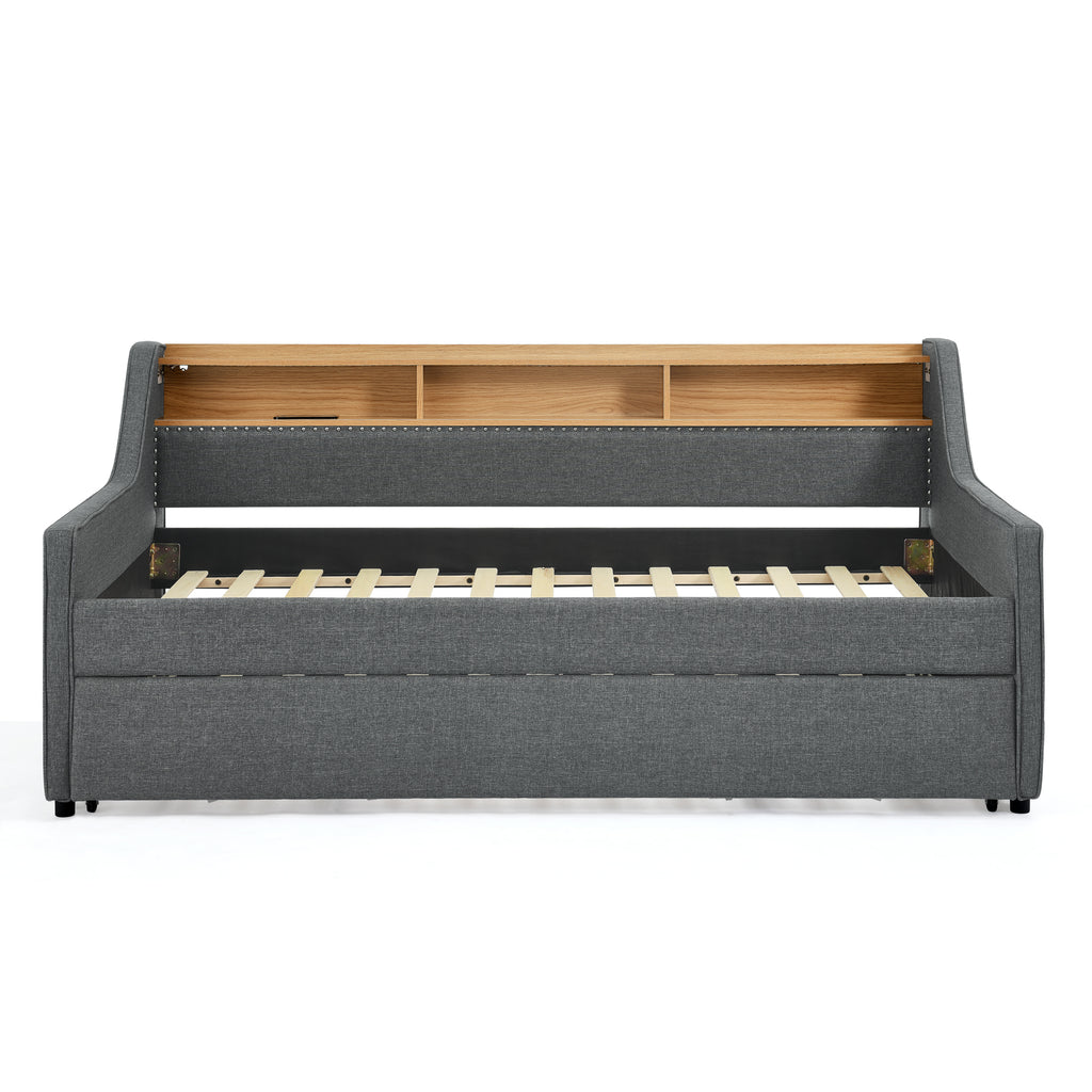 Grey Linen Upholstered Twin Sofa Bed with LED Lights, Storage Headboard, Foldable Trundle & Wireless Charging - Grand Goldman Shop