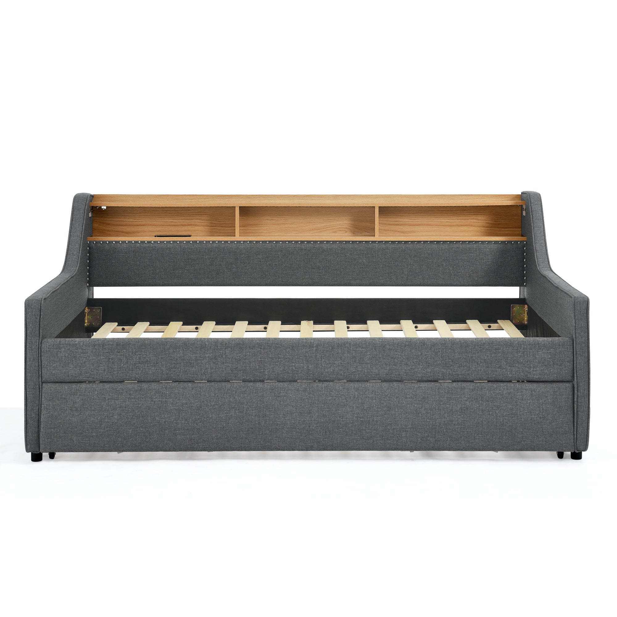 Grey Linen Upholstered Twin Sofa Bed with LED Lights, Storage Headboard, Foldable Trundle & Wireless Charging - Grand Goldman Shop