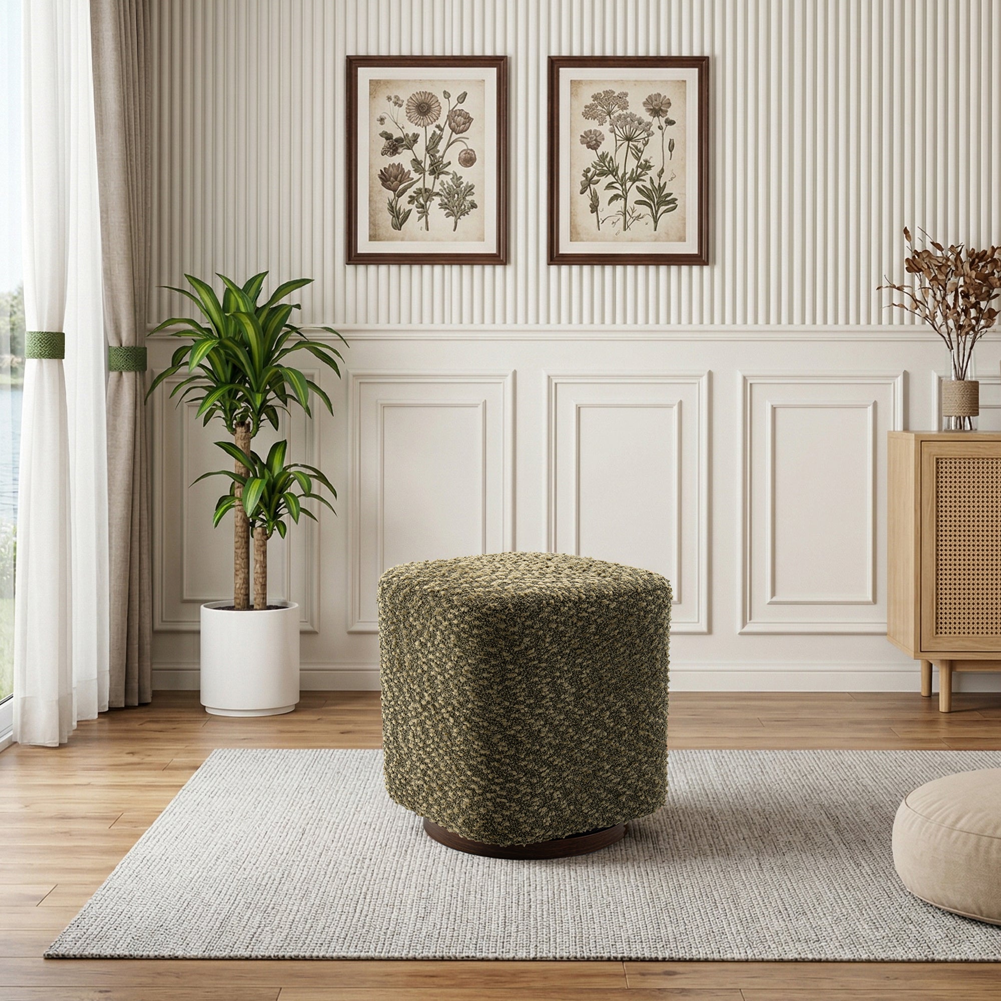 Olive Upholstered 360° Swivel Vanity Stool, Modern Makeup Chair with Soft Fabric Cushion for Bedroom or Living Room - Grand Goldman Shop