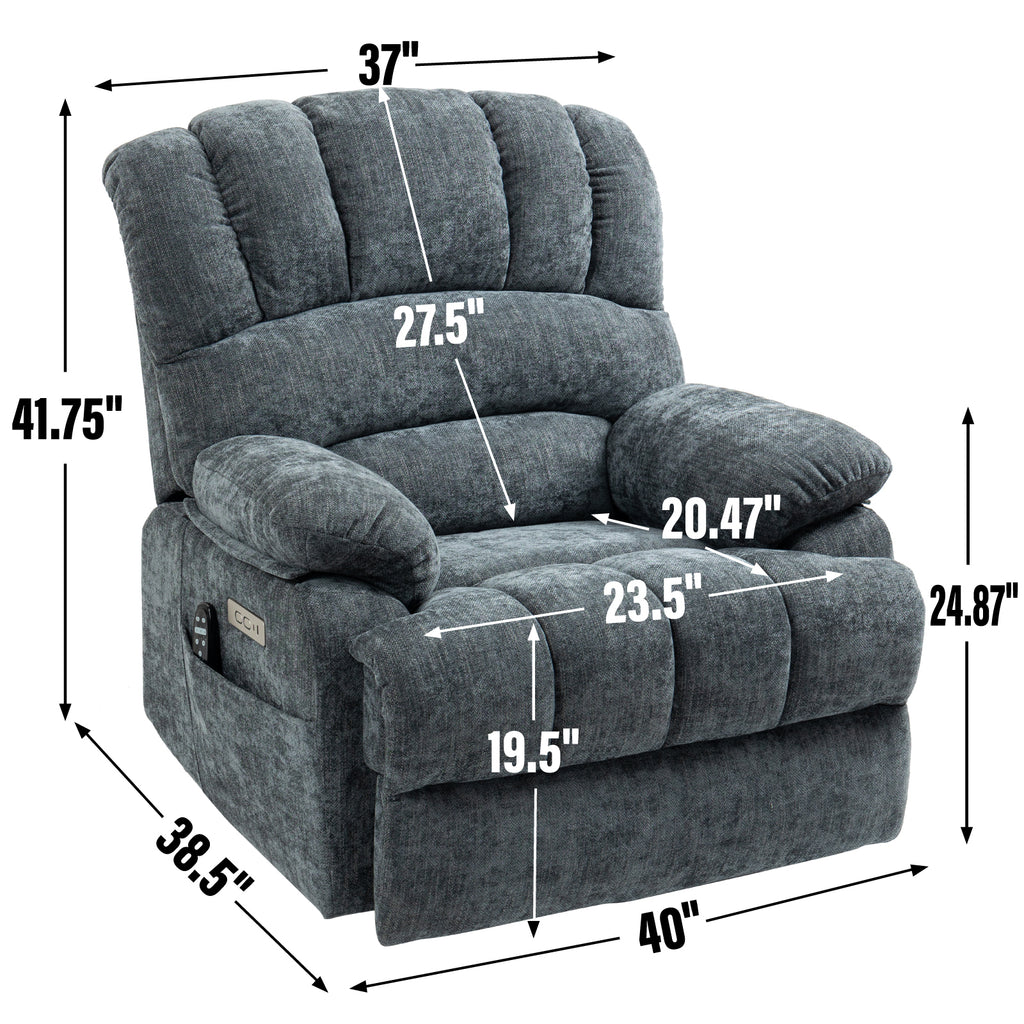 23' Seat Width and High Back Large Size Blue Grey Chenille Power Lift Recliner Chair with 8-Point Vibration Massage and Lumbar Heating - Grand Goldman Shop