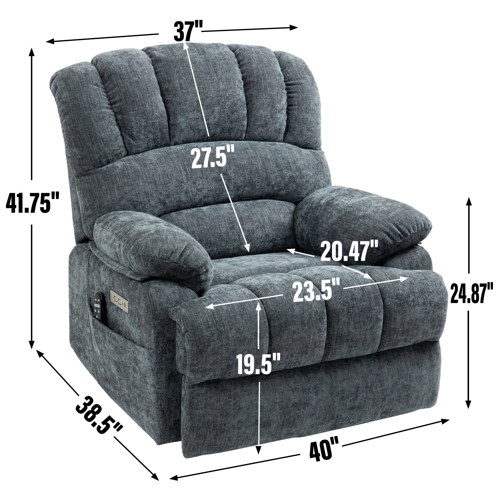 23' Seat Width and High Back Large Size Blue Grey Chenille Power Lift Recliner Chair with 8-Point Vibration Massage and Lumbar Heating - Grand Goldman Shop