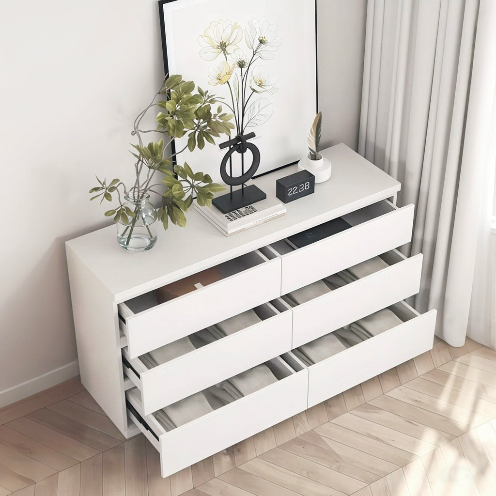 Modern 6 Drawer Dresser with Spacious Countertop and Concealed Handles, Storage Cabinet for Bedroom and Living Room, White MDF - Grand Goldman Shop