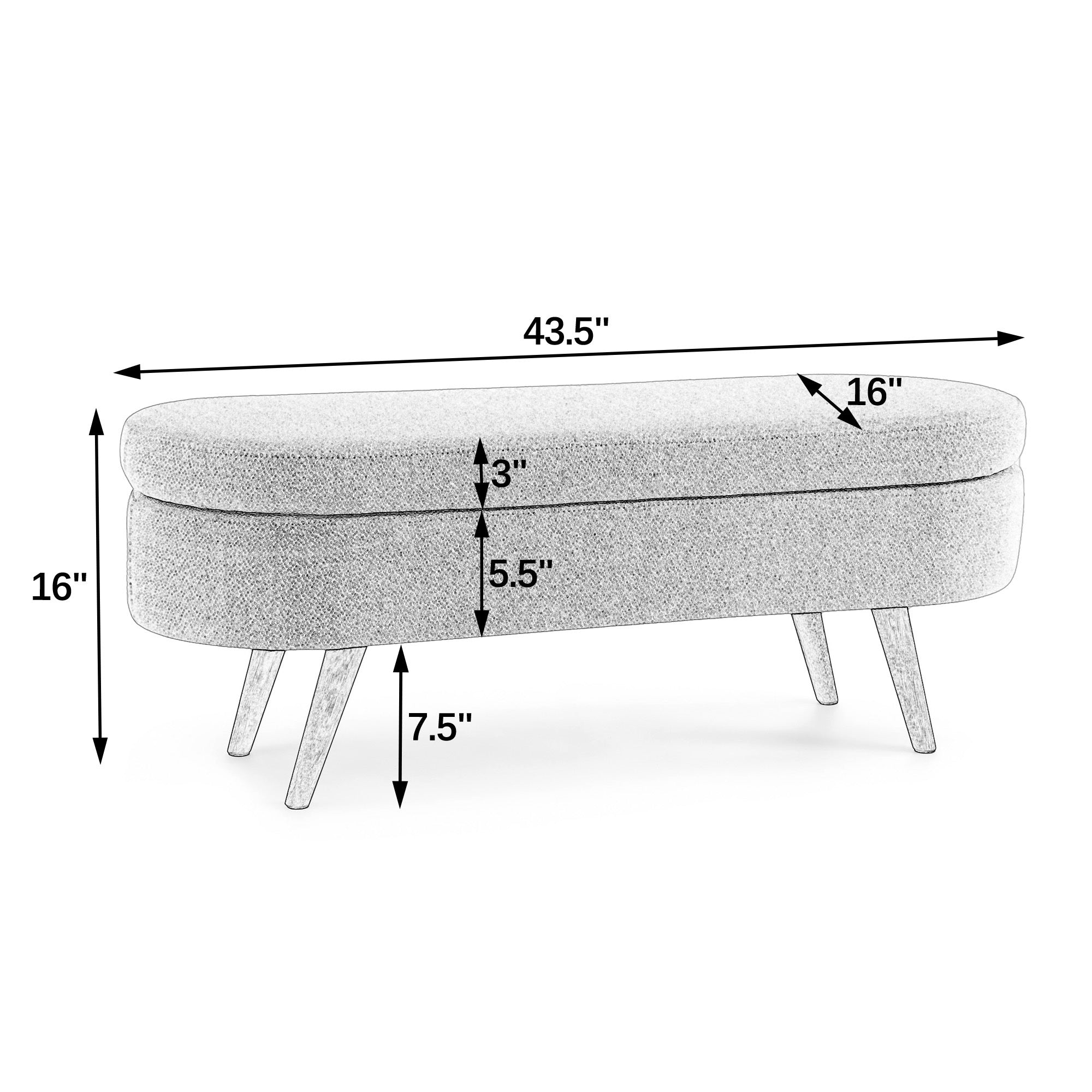 Cyan Ottoman Oval Storage Bench with Rubber Wood Legs, Gray Fabric, 43.5'x16'x16' - Grand Goldman Shop