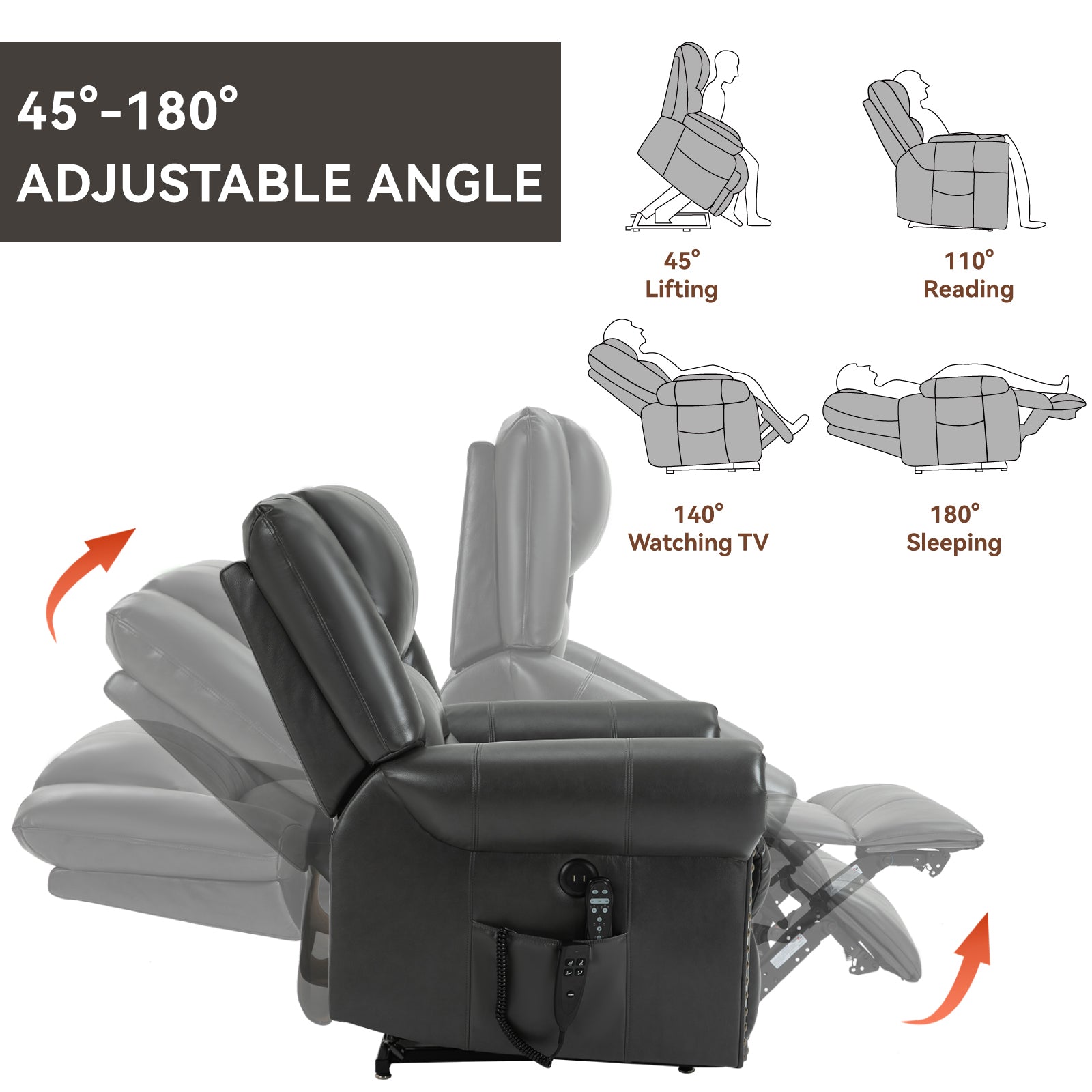 Power Lift Recliner Chair Heat Massage Dual Motor Infinite Position Up to 350 LBS, Faux Leather, Heavy Duty Motion Mechanism with USB Ports, Grey - Grand Goldman Shop