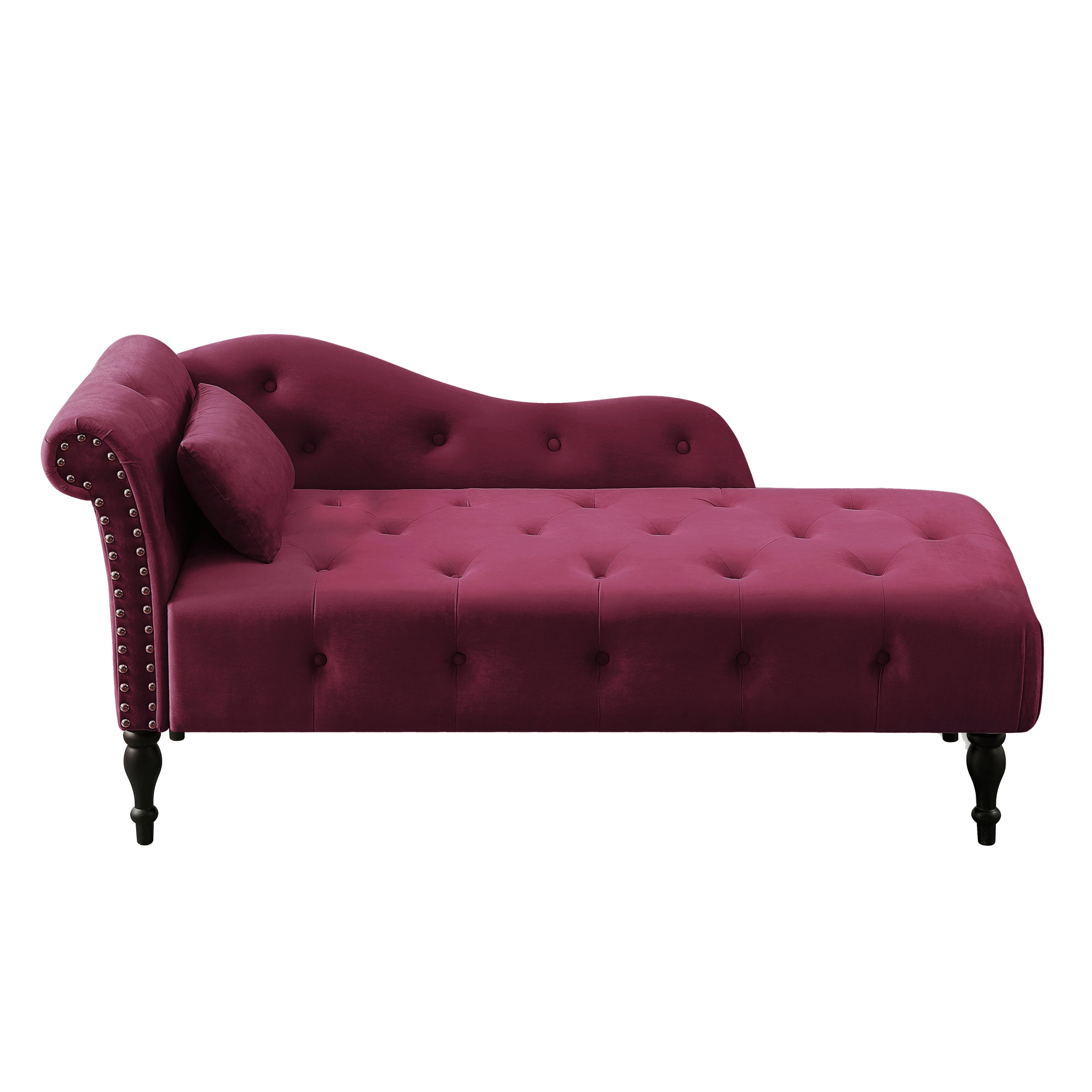 Aijia 60.6' Velvet Chaise Lounge Buttons Tufted Nailhead Trimmed Solid Wood Legs with 1 Pillow,Burgundy  (Left Arm Design as Shown in the Picture) - Grand Goldman Shop