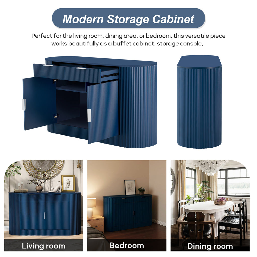 U_STYLE 55.1' Modern Storage Cabinet – 2 Doors & 2 Drawers, Stripe MDF Sideboard with Aluminum Handles, Curved Side Door & 3-Tier Shelves, Buffet Cabinet for Living Room, Bedroom, Dining Room - Grand Goldman Shop