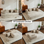 Convertible Sleeper Sofa Bed with Cylindrical Pillow, Corduroy Folding Mattress Couch with Fixed-Shape Frame, Floor Sofa Lounge Couch for Living Room Bedroom (Beige) - Grand Goldman Shop