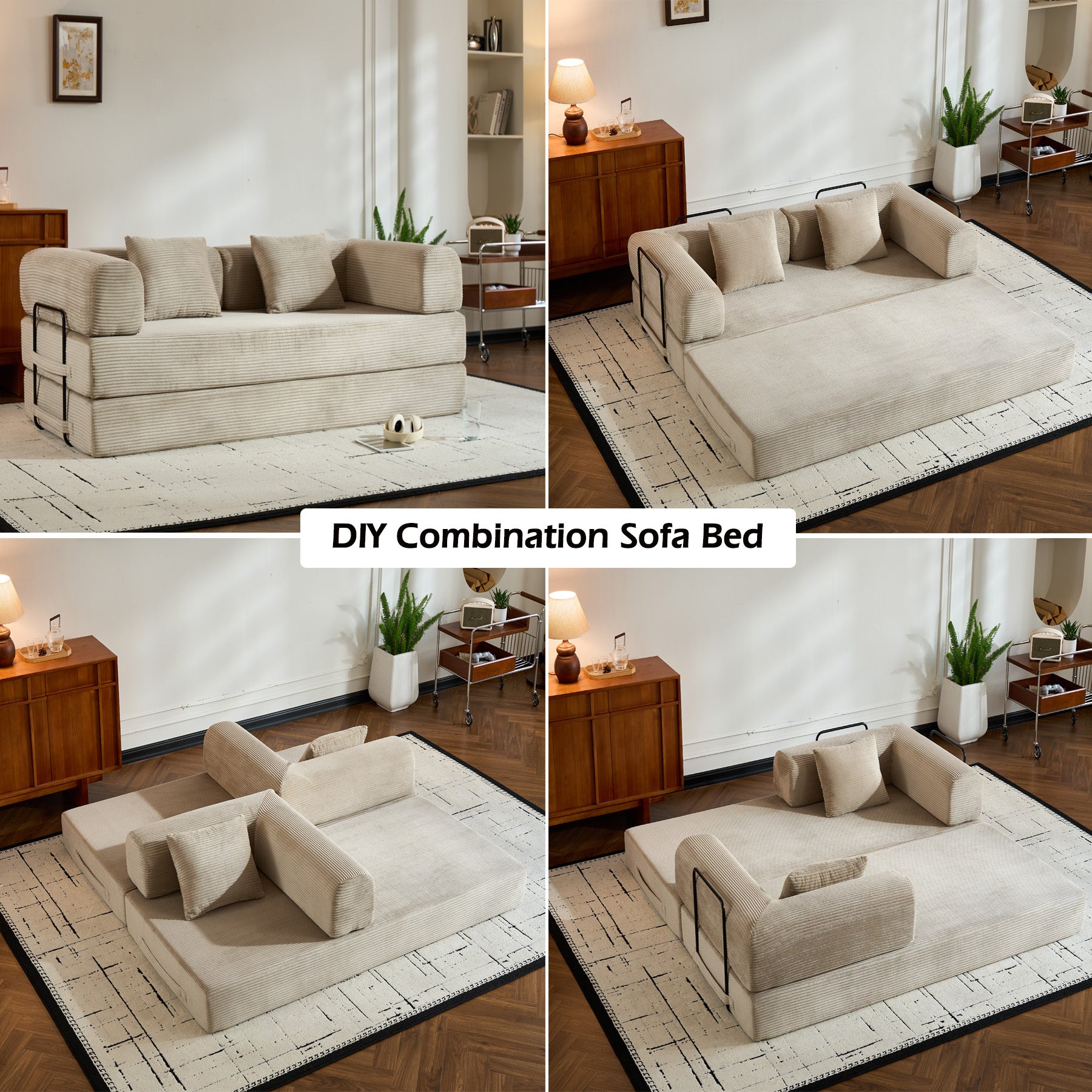 Convertible Sleeper Sofa Bed with Cylindrical Pillow, Corduroy Folding Mattress Couch with Fixed-Shape Frame, Floor Sofa Lounge Couch for Living Room Bedroom (Beige) - Grand Goldman Shop