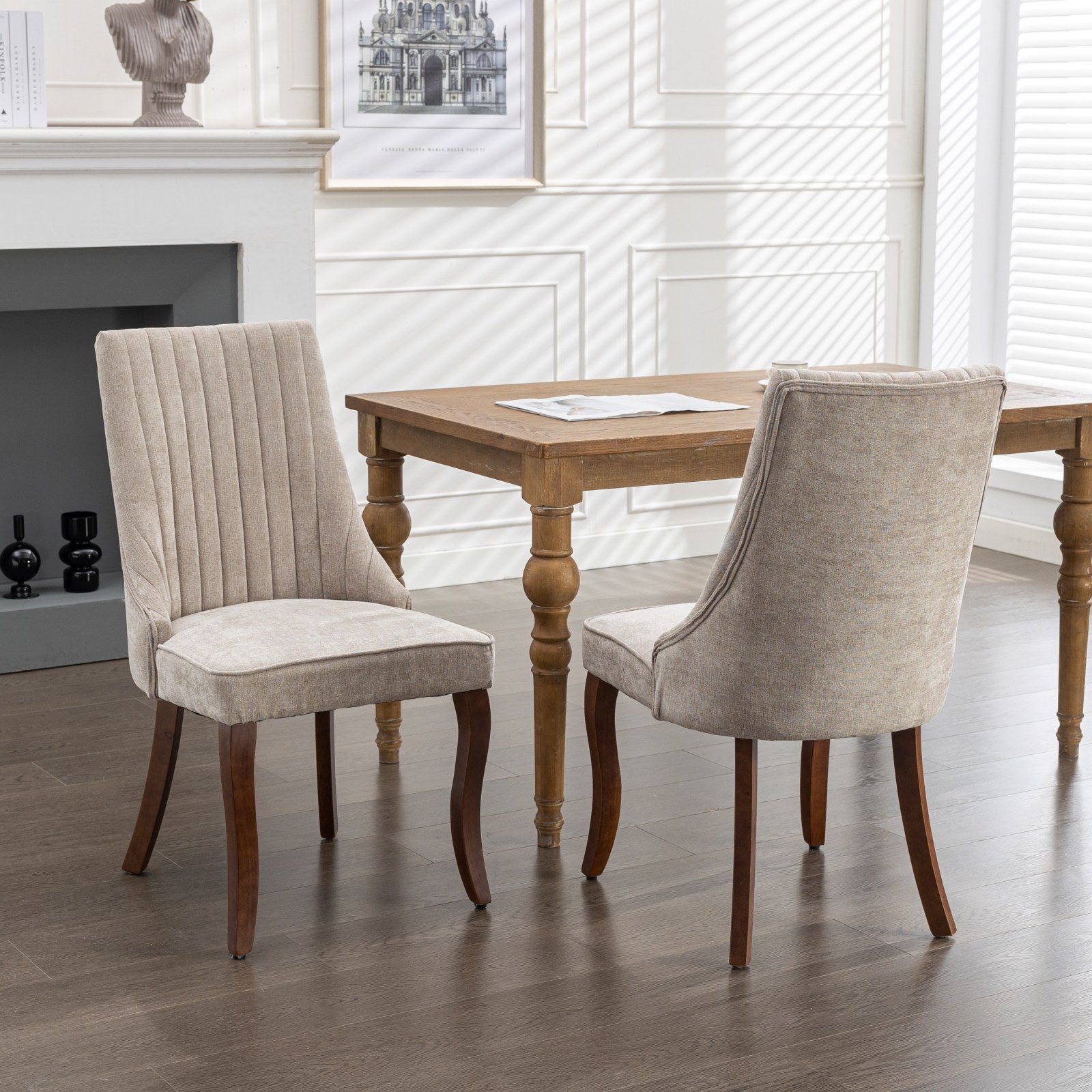 Rayon Cloth Flocking Linen Dining Chairs Channel Kitchen Dinner Chair Comfy Fabric Upholstered Accent Chair for Dining Room with Curved Solid Wood Legs,Set of 2 (Beige), SW1847BG - Grand Goldman Shop