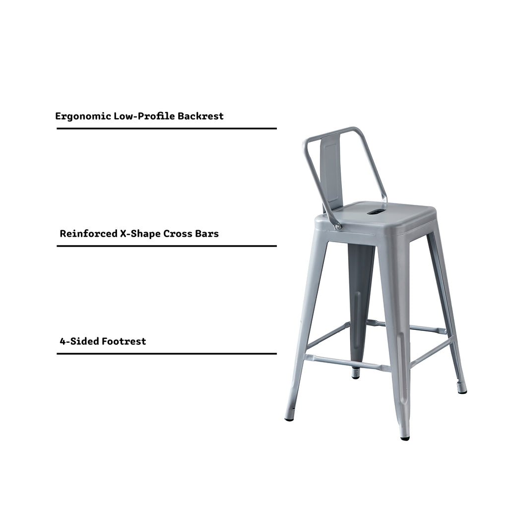 Modern Light Weight Industrial Contemporary Rustic Vintage Costal Metal Barstools with Bucket Back and 4 Leg Design, Seat Bar