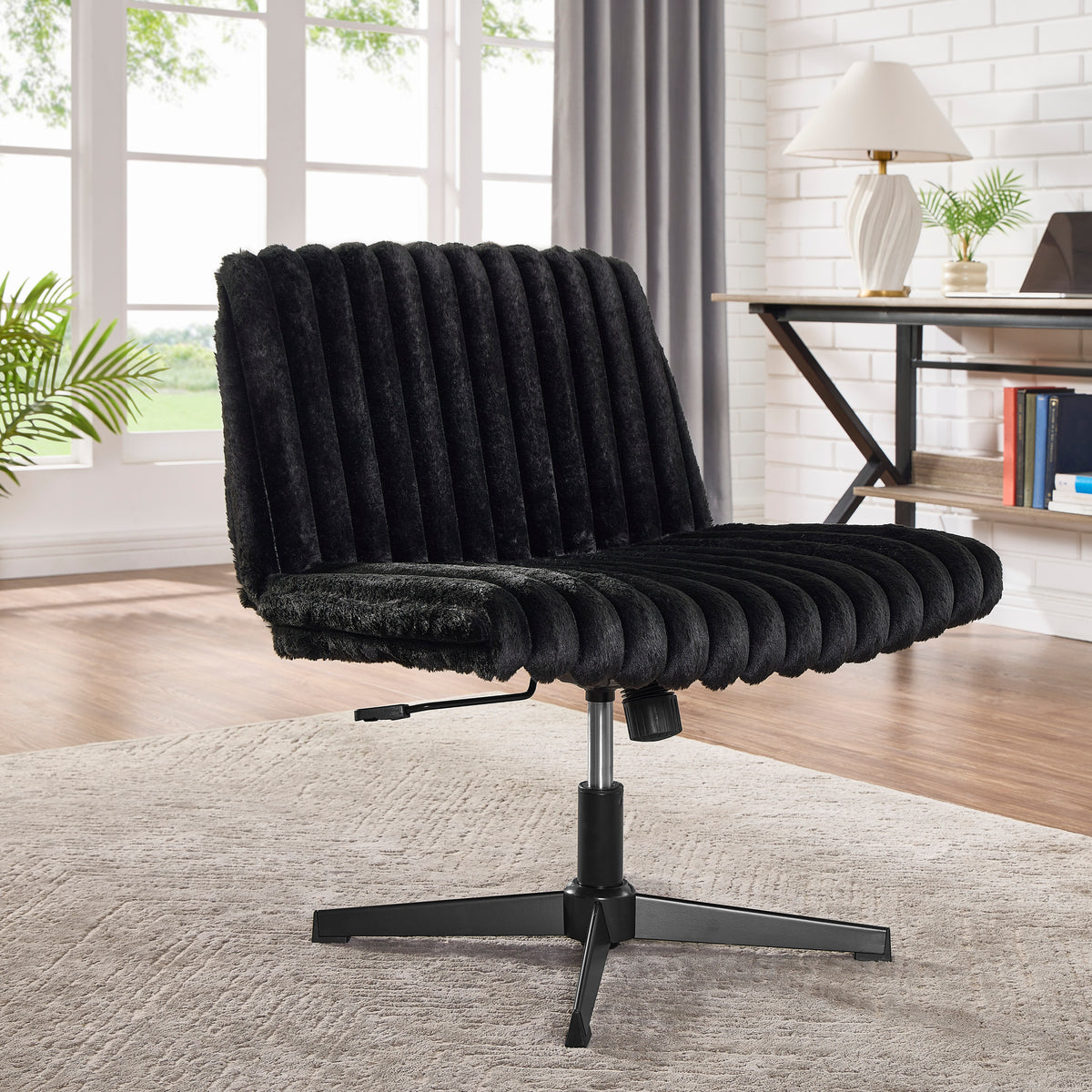 Blynn Adjustable Swivel Criss Cross Chair, Wide Seat Office Chair Vanity Chair, Black | Premium Home Decor - Grand Goldman