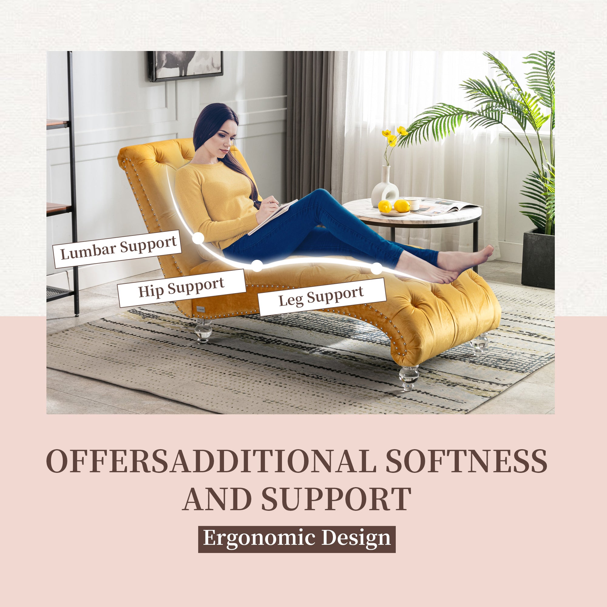 Velvet Button-Tufted Upholstered Chaise Lounge Chair with Pillow for Bedroom Living Room Office, Mustard - Grand Goldman Shop
