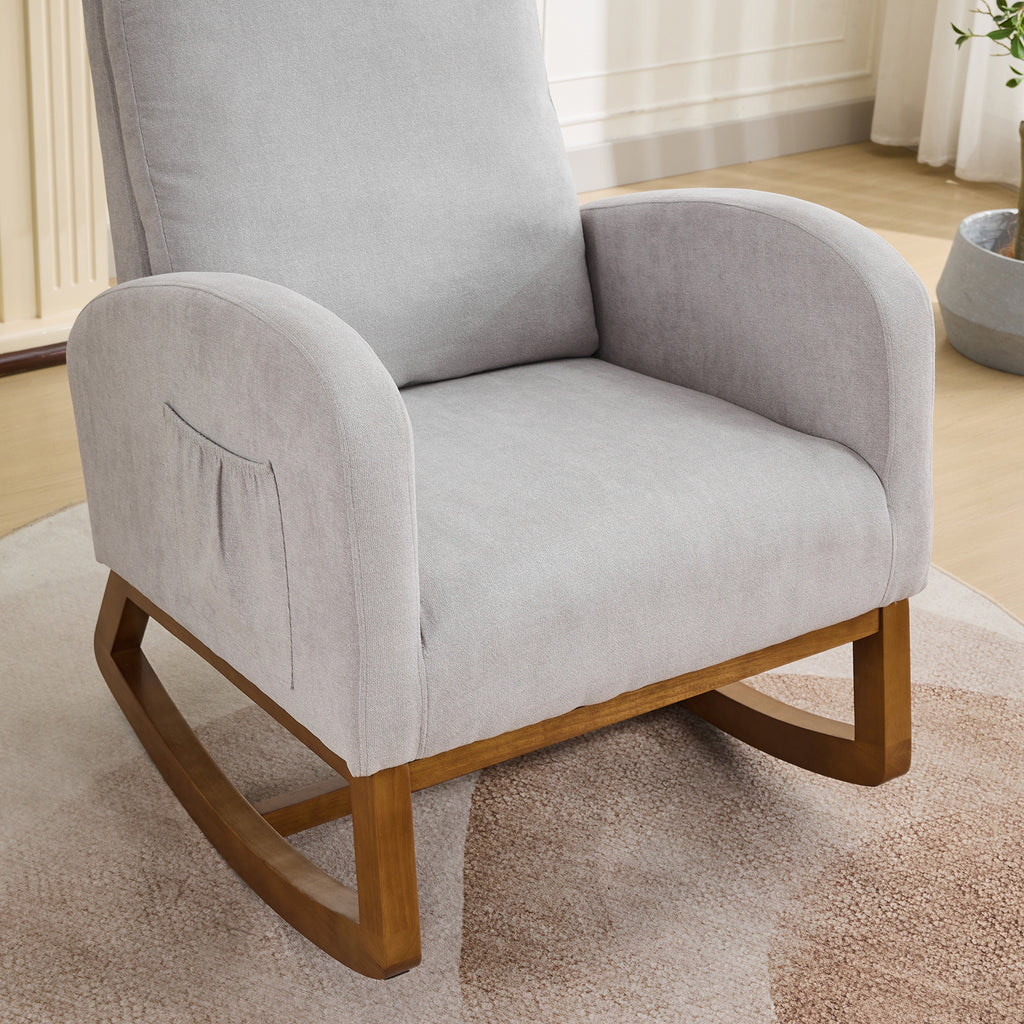 27.2'W Rocking Chair for Nursery, Polyester Glider Chair with High Back and Side Pocket, Rocking Accent Armchair with Rubber Wood Legs for Living Room/Bedroom.Light Gray - Grand Goldman Shop