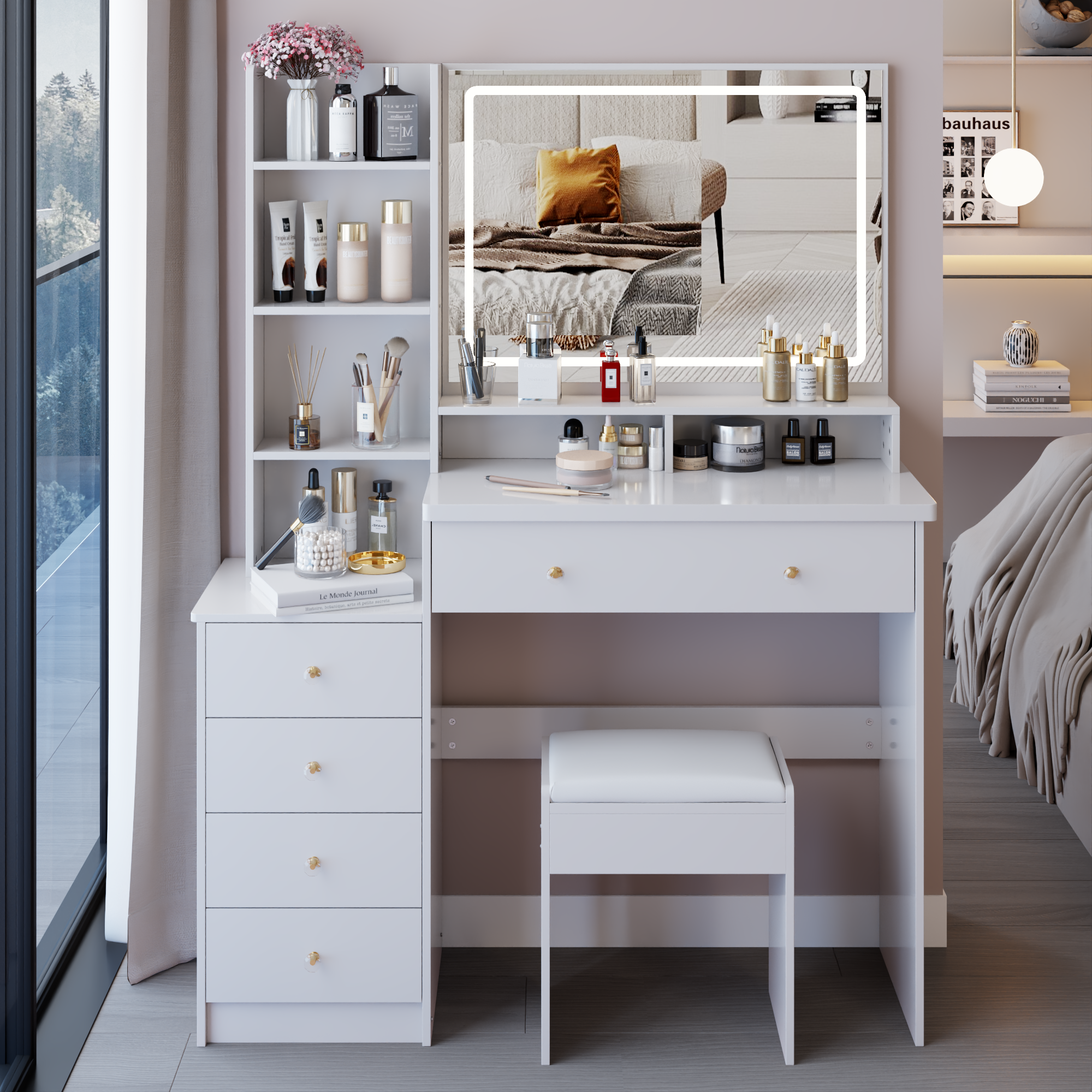 41' Large Sized Bedside Cabinet Vanity Table + Cushioned Stool, Extra Large Touch Control LED Mirror, 3-color Switch, Multi Layer High Capacity Storage Fashionable Dresser, EPA, GCC, UL Certificate - Grand Goldman Shop