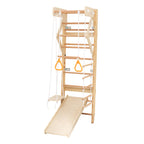 6-in-1 Swedish Ladder Wall Gym, Indoor Kids Playground with Swing, Rope Ladder, Pull-Up Bar, Slide, Gymnastic Rings, Wooden W