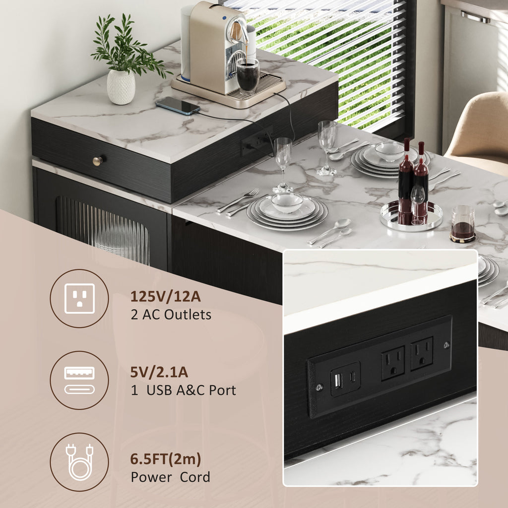 K&K 59.5' Kitchen Island with Extendable Dining Table, Kitchen Storage Table with Double-sided Storage, Kitchen Island with 2 Drawers, Power Outlet, Side Open Shelves, for Kitchen, Dining Room, Black - Grand Goldman Shop