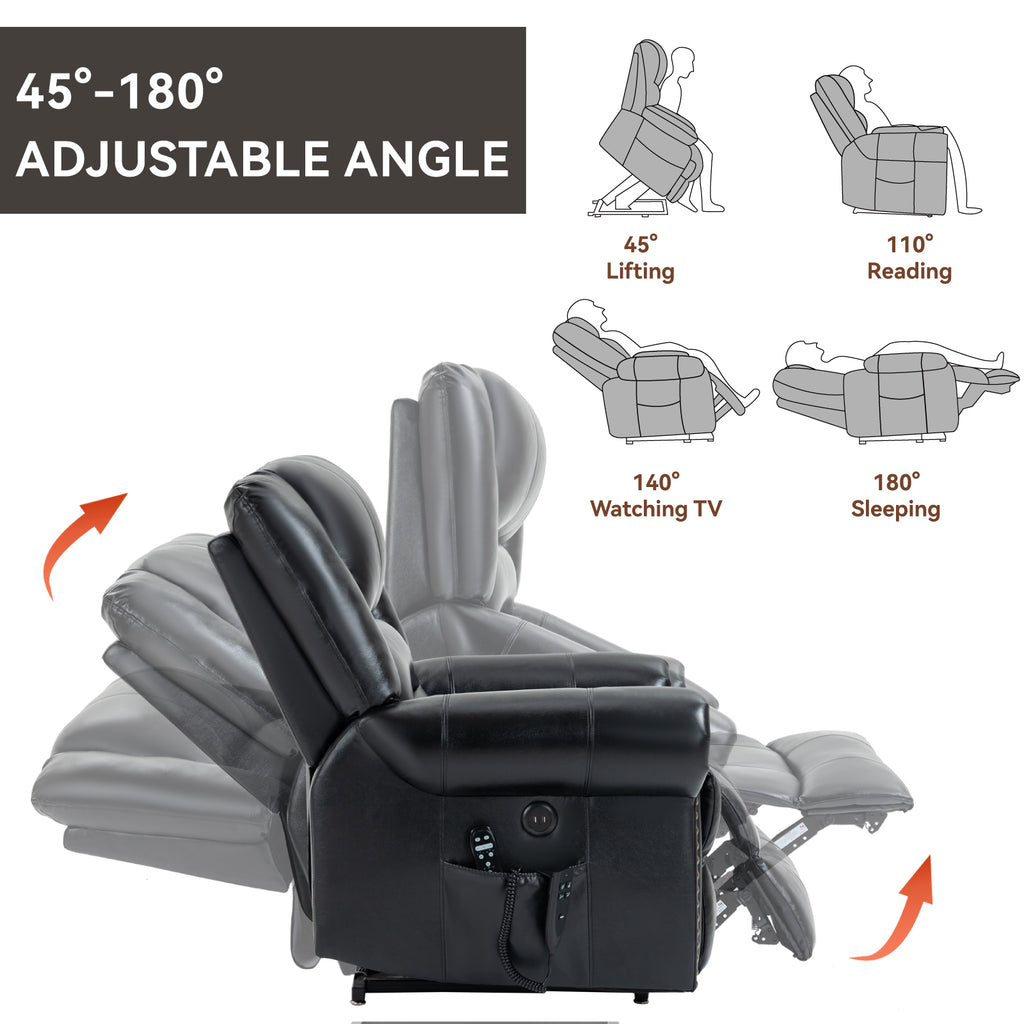 Power Lift Recliner Chair Heat Massage Dual Motor Infinite Position Up to 350 LBS, Genuine Leather, Heavy Duty Motion Mechanism with USB Ports, Black - Grand Goldman Shop