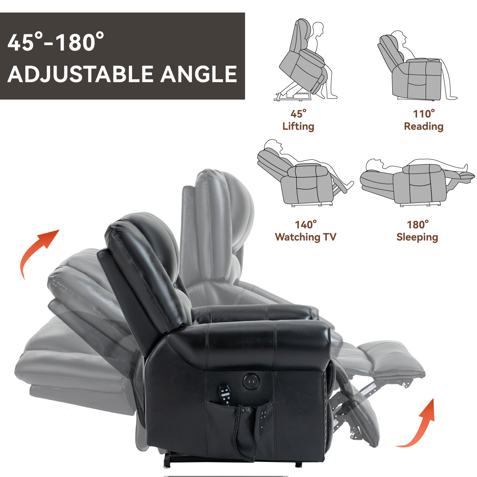 Power Lift Recliner Chair Heat Massage Dual Motor Infinite Position Up to 350 LBS, Genuine Leather, Heavy Duty Motion Mechanism with USB Ports, Black - Grand Goldman Shop