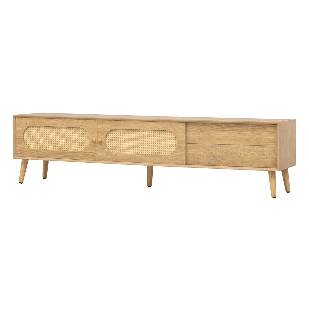 Boho TV Stand for TVs up to 80'', Modern Farmhouse Media Console with Solid Wood Legs, Natural Wood Finish, MDF Cabinet, 70.8''L x 15.7''W x 17.7''H - Grand Goldman Shop